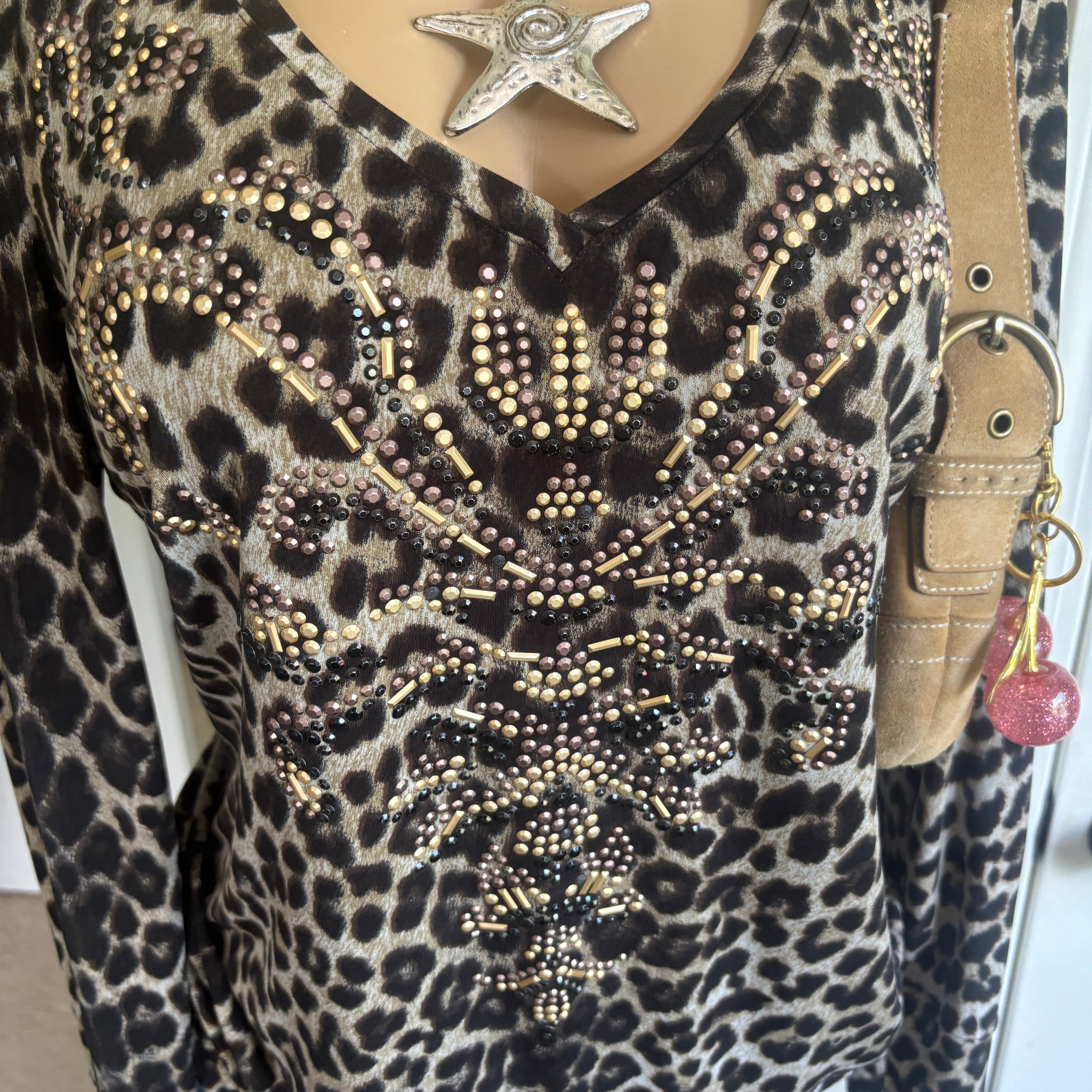 00s Cache leopard print studded long sleeve (size L)