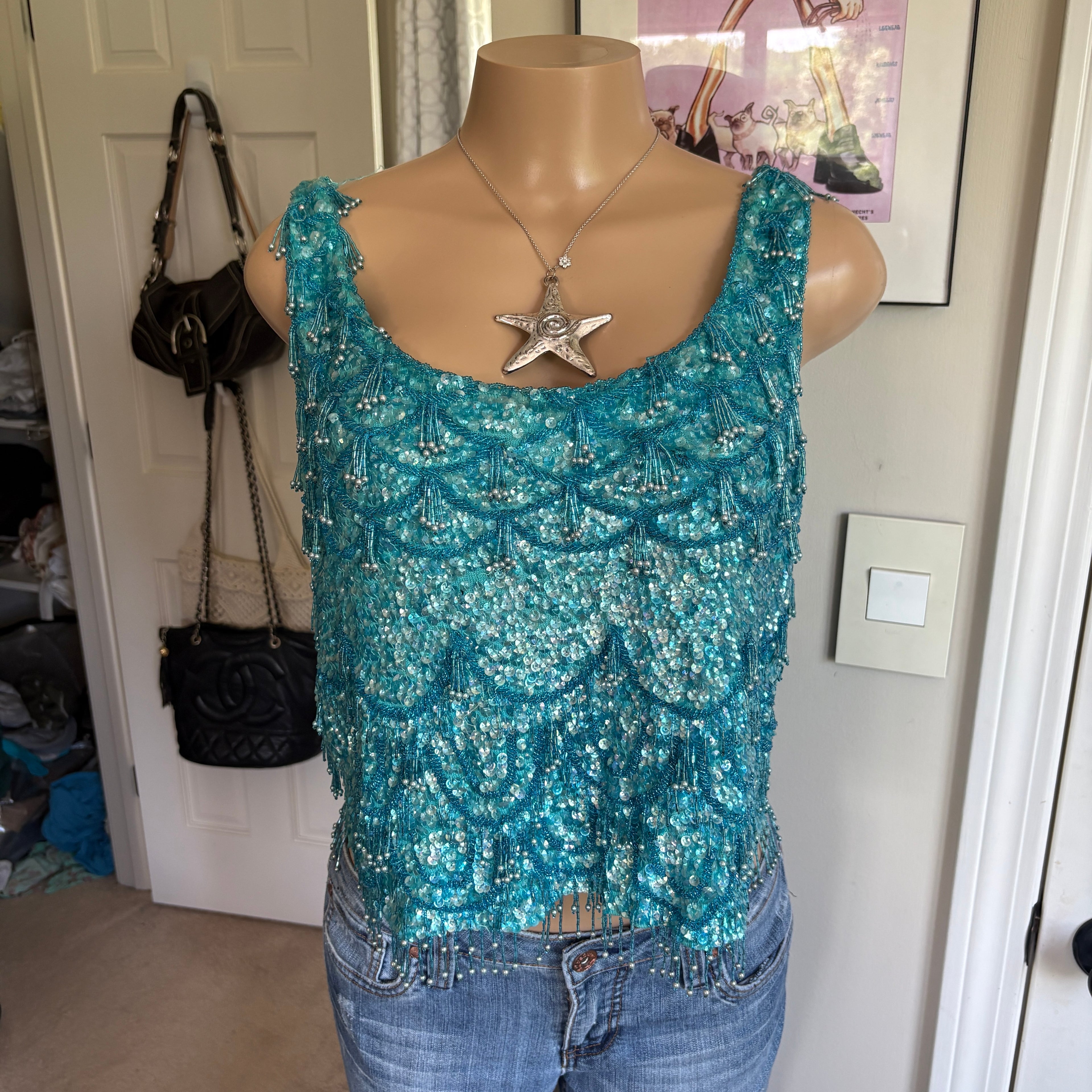 00s blue mermaid beaded tank top (size L)
