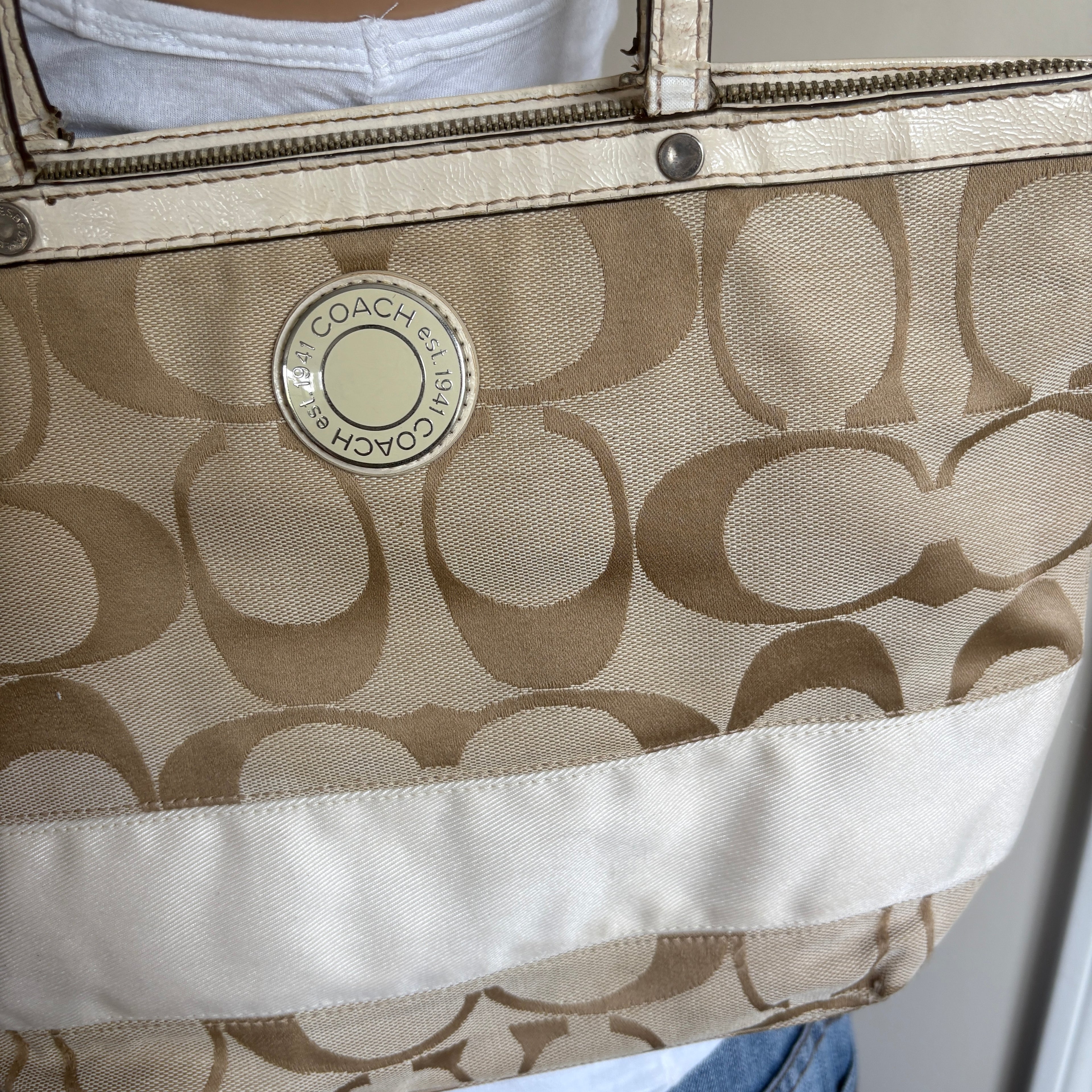 00s vintage Coach signature khaki & white stripe shoulder bag