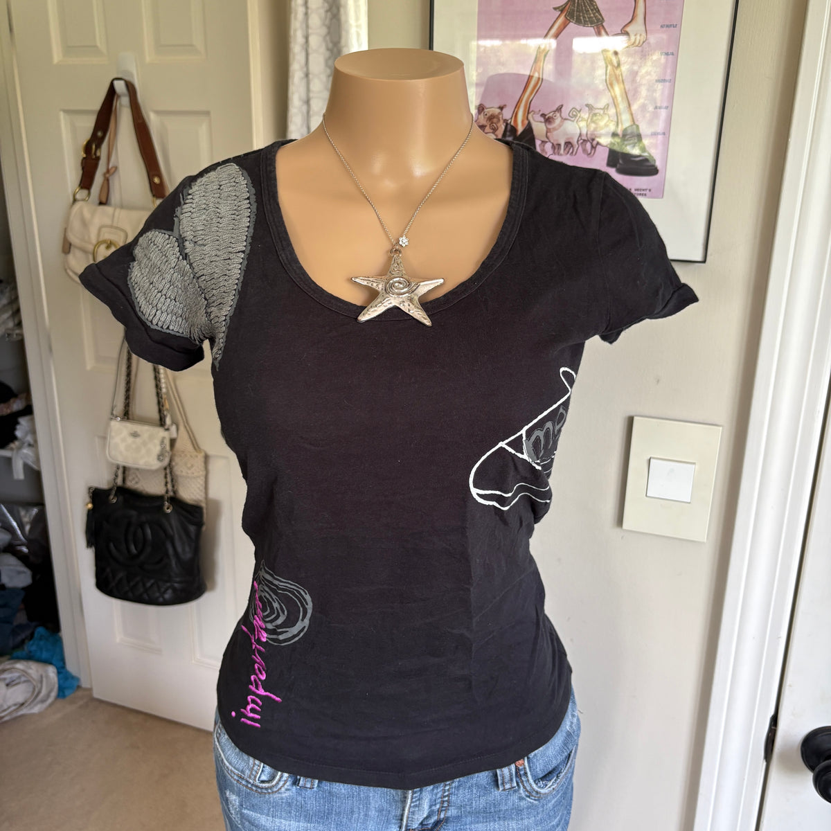 00s Desigual black graphic short sleeve top (size M)