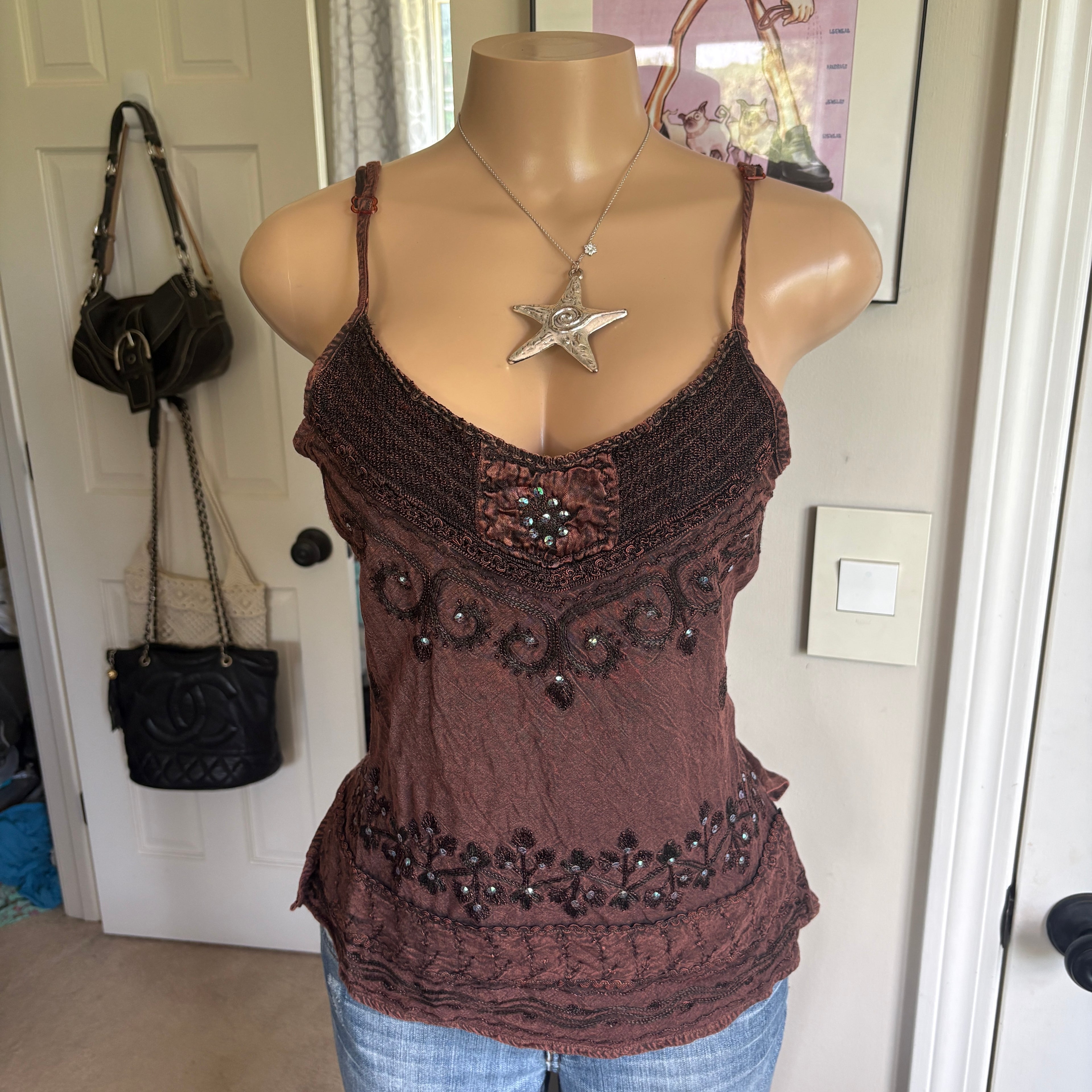 00s brown boho tie back cami tank top (size L)