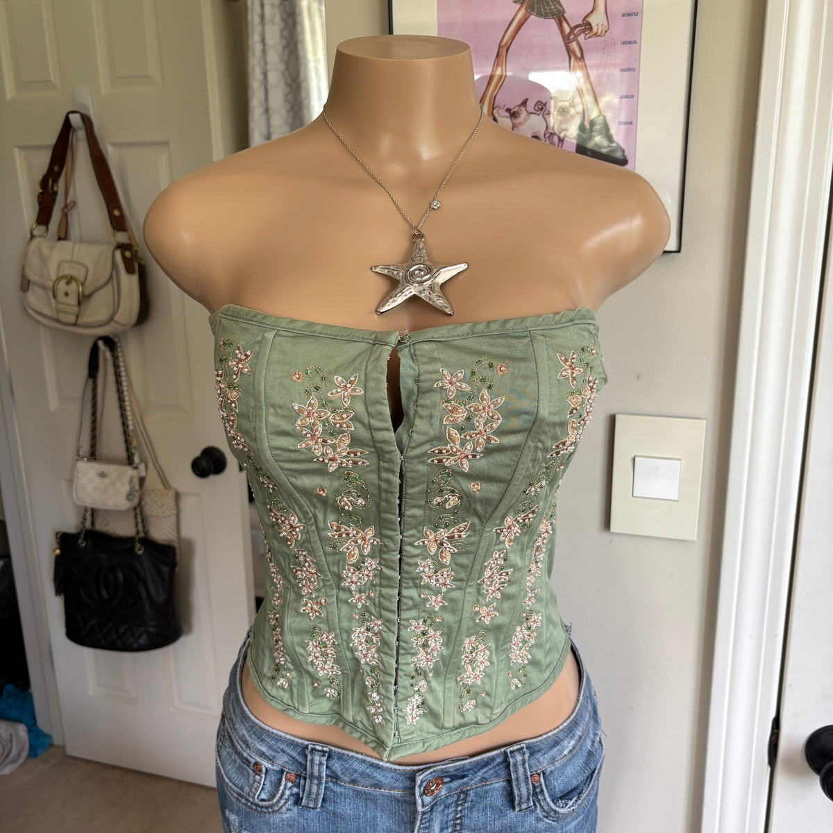 00s sage green & pink floral beaded corset top (size S)