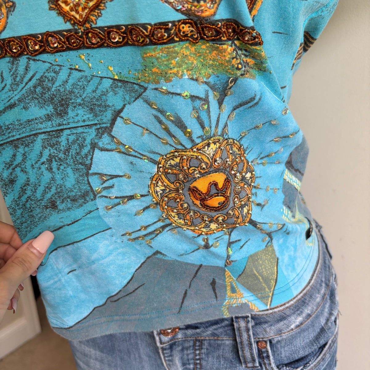 00s Miss Sixty blue aztec short sleeve top (size L)