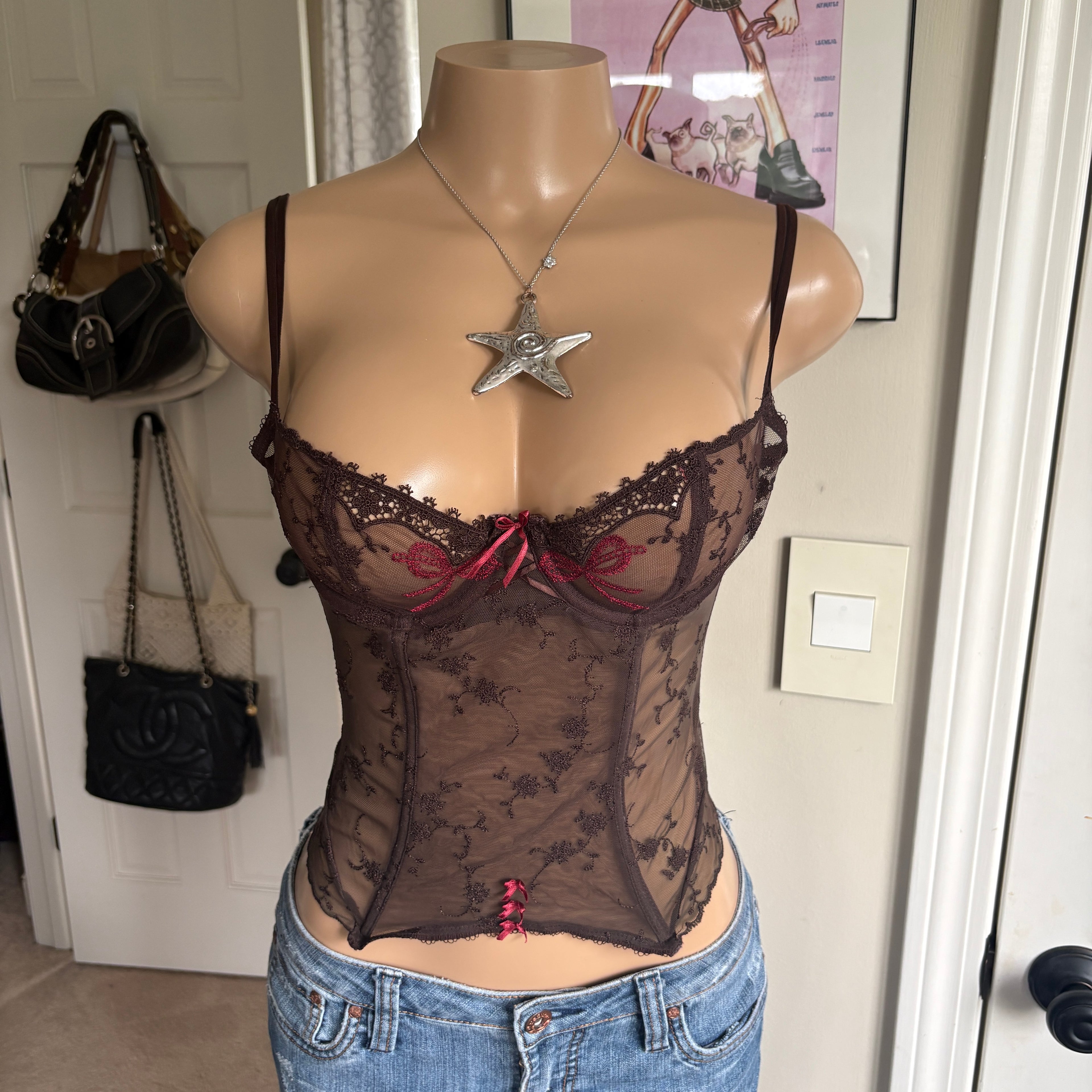 00s Darjeeling brown floral lace bustier corset top (size S)