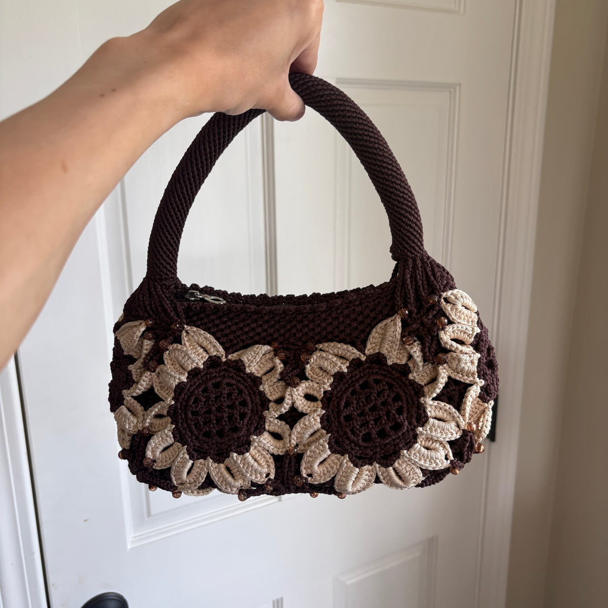 00s brown floral crochet shoulder bag