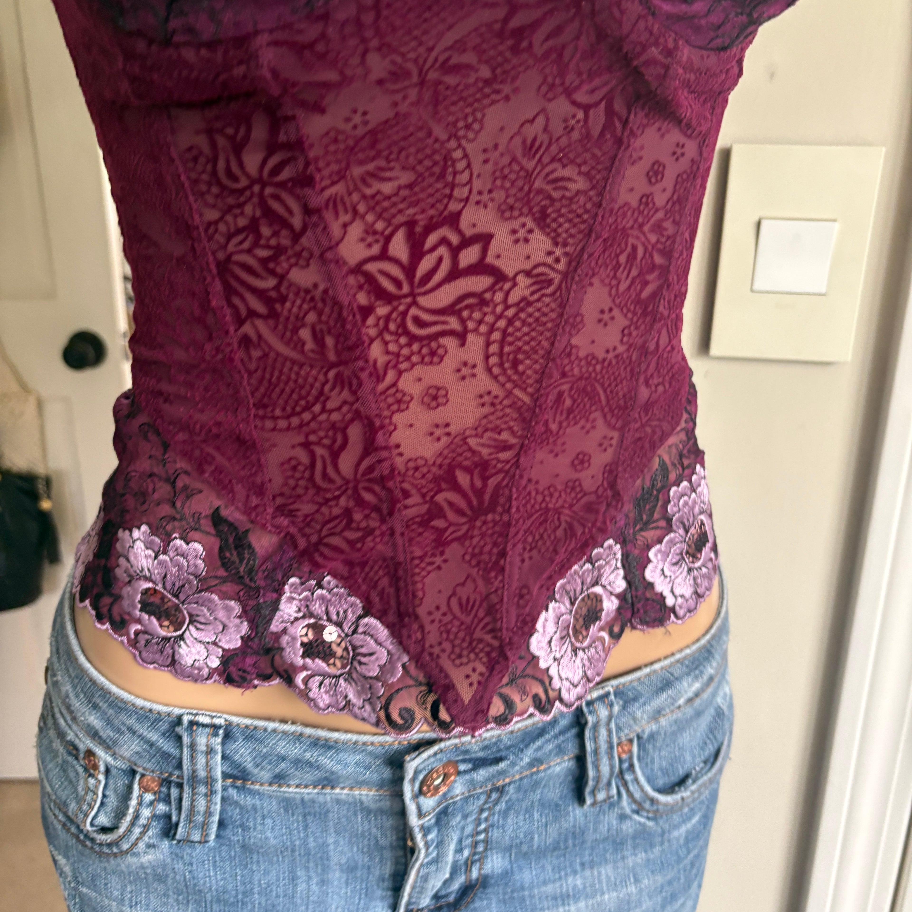 00s purple floral bustier corset top (size 32C)