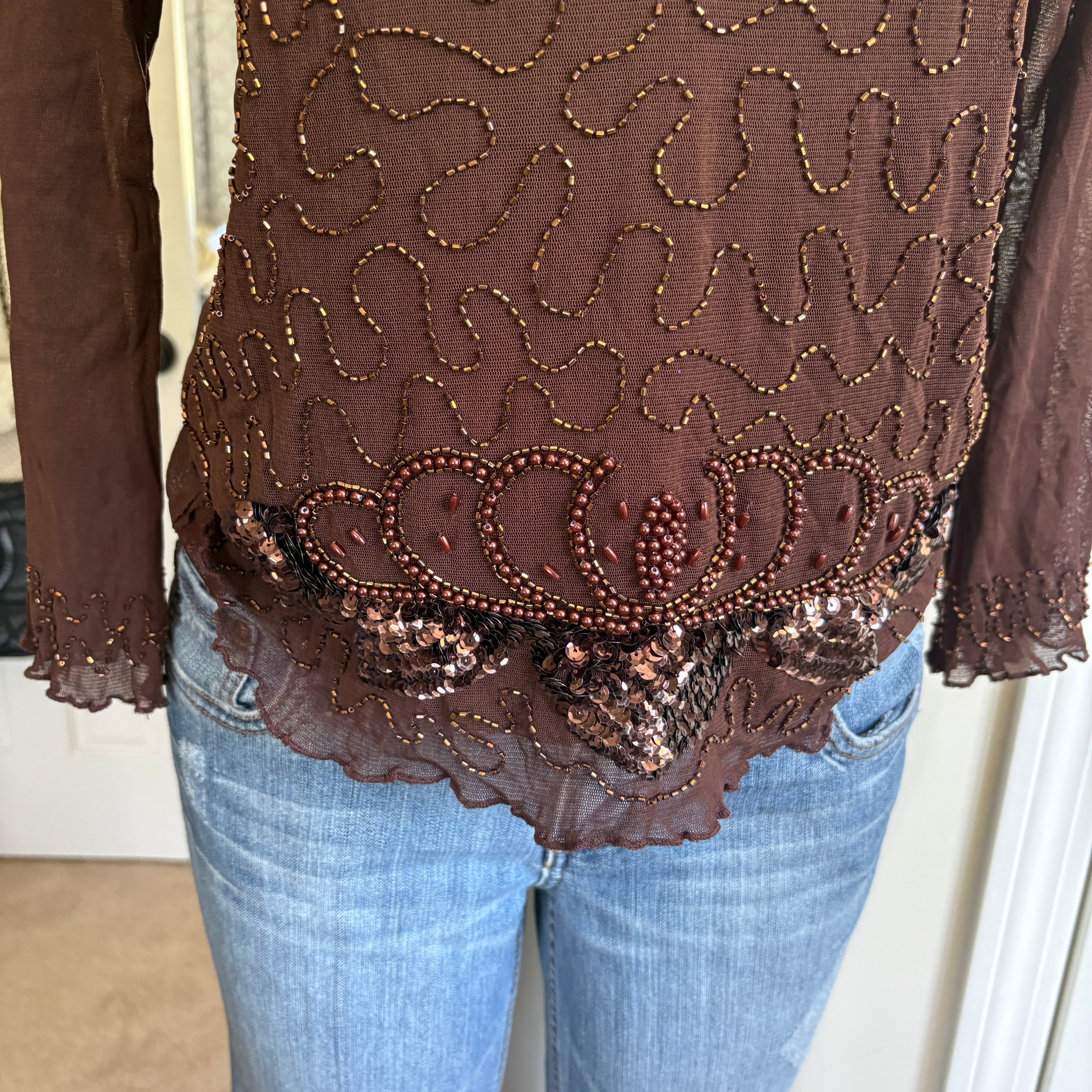 00s brown beaded long sleeve (size M/L)