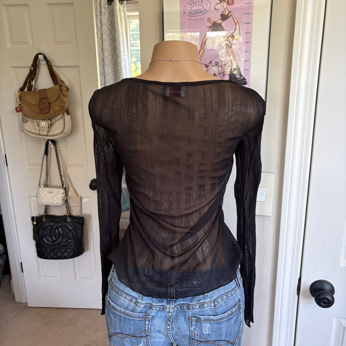 00s black v neck floral long sleeve top (size S)