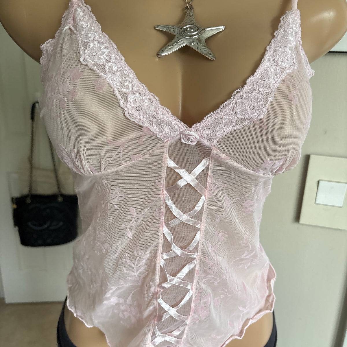 00s baby pink sheer lace up cami (size M/L)
