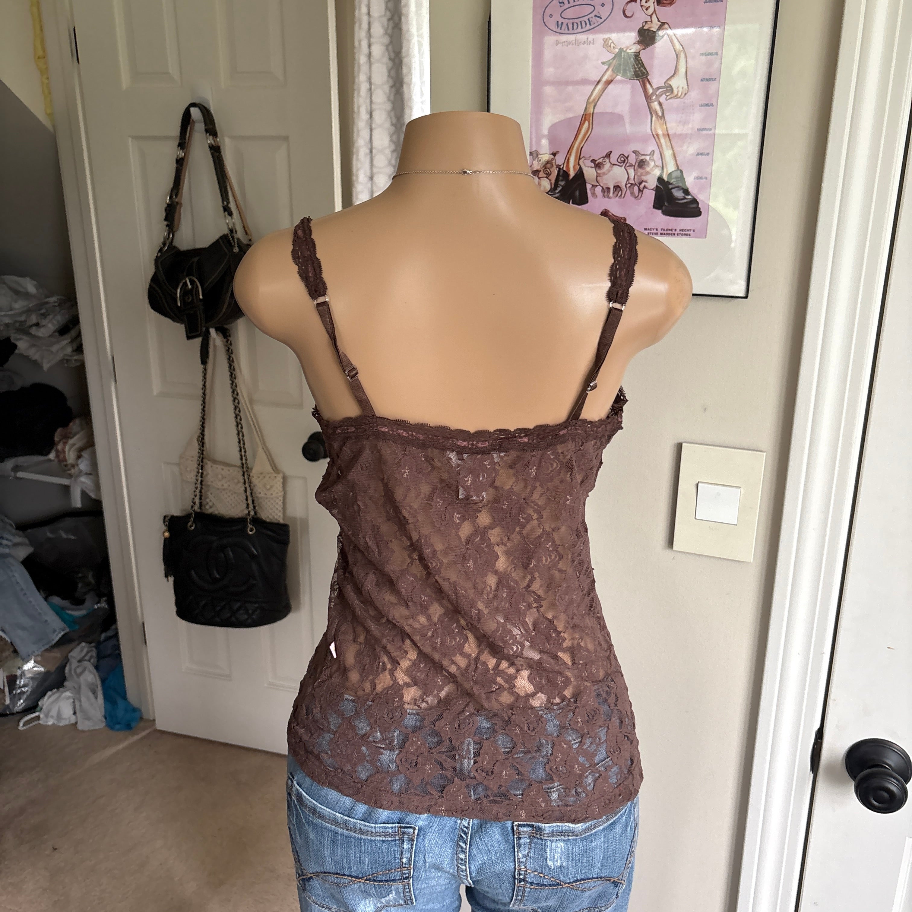 00s brown floral lace v neck cami (size L)