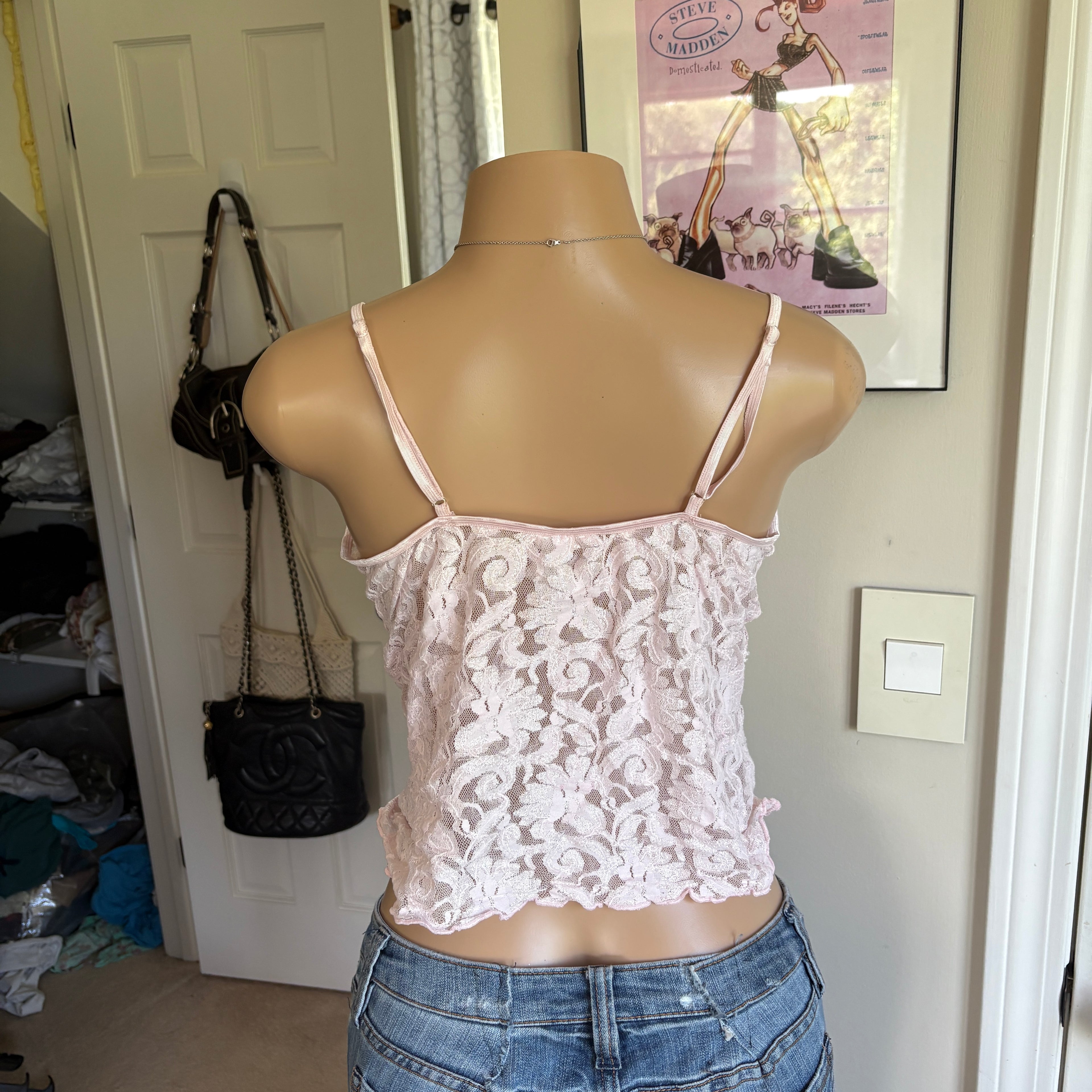 00s baby pink & black bow lace cami (size L)