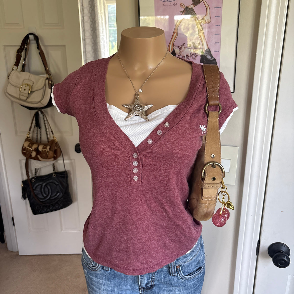 00s Abercrombie red henley top (size S)