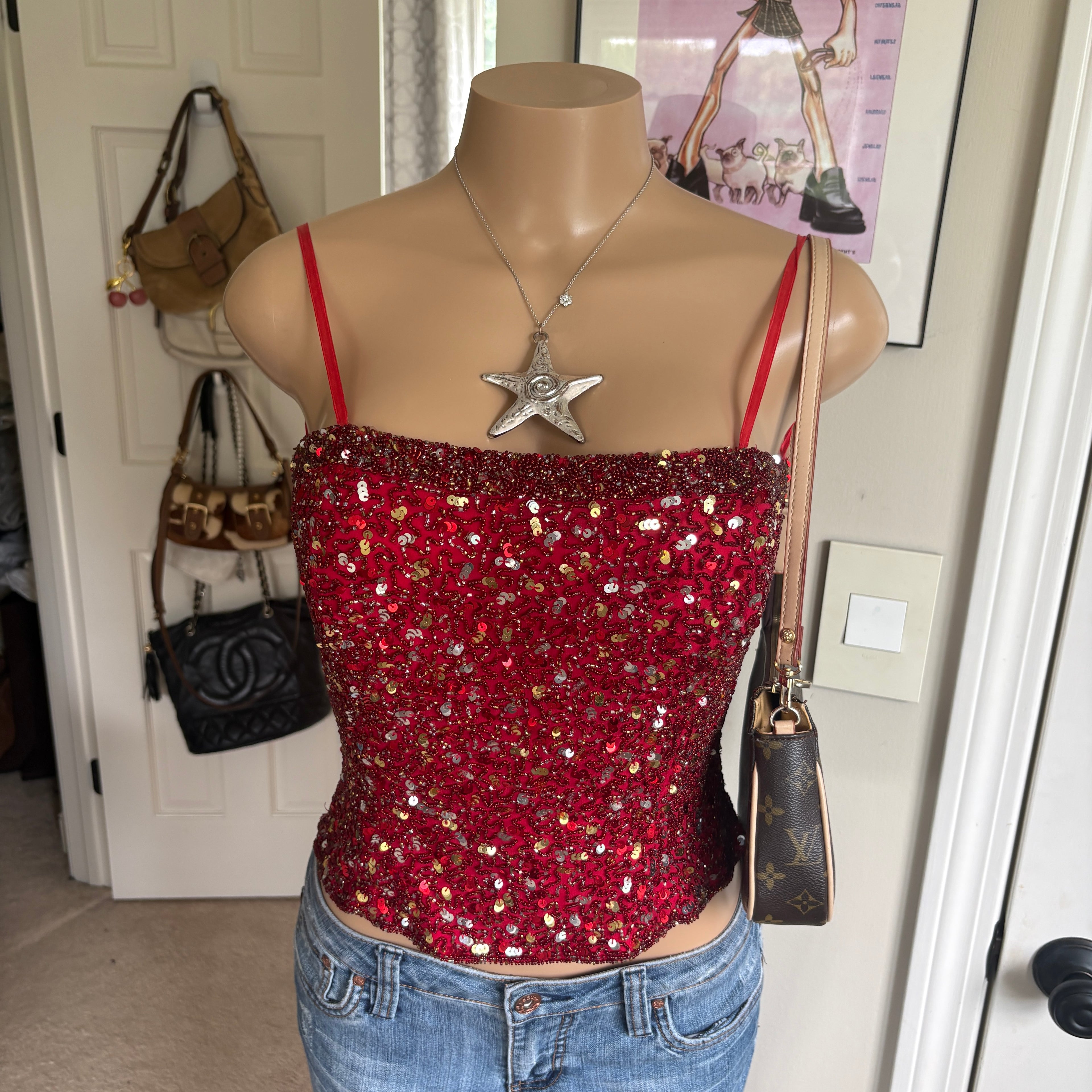 00s beaded red silk tank top (size M)
