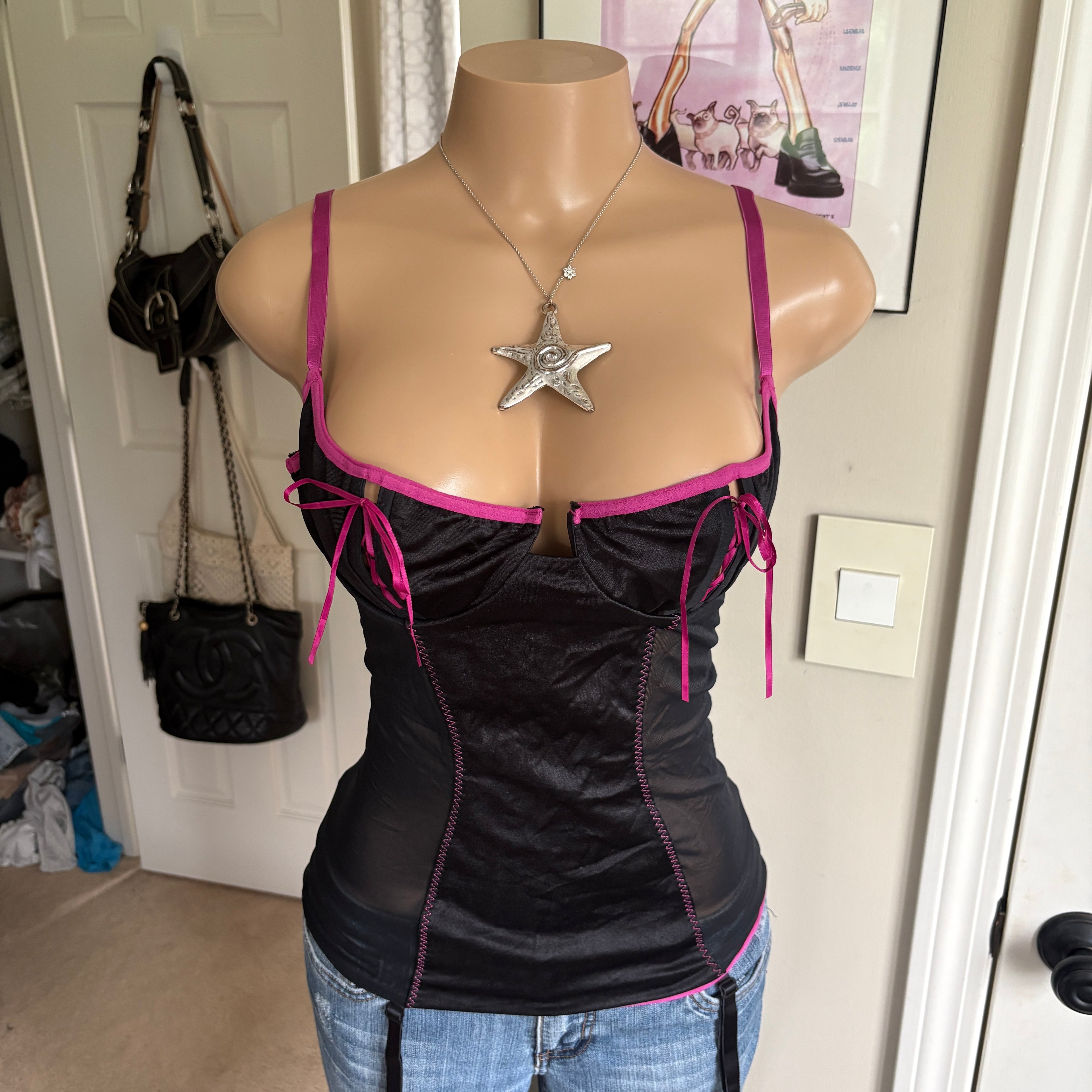 00s Frederick's of Hollywood black & pink bustier top (size L)