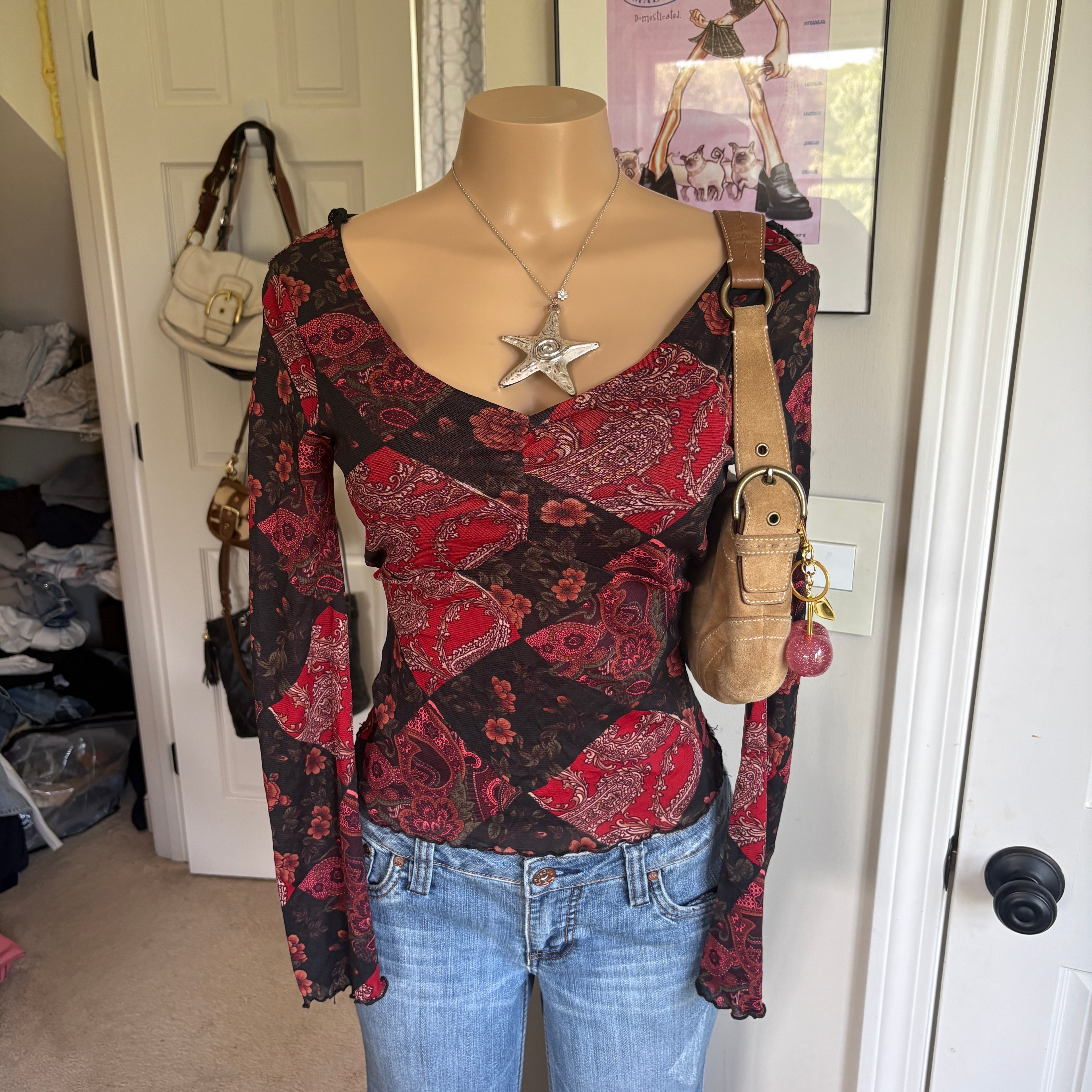 00s red floral tie back long sleeve (size S)