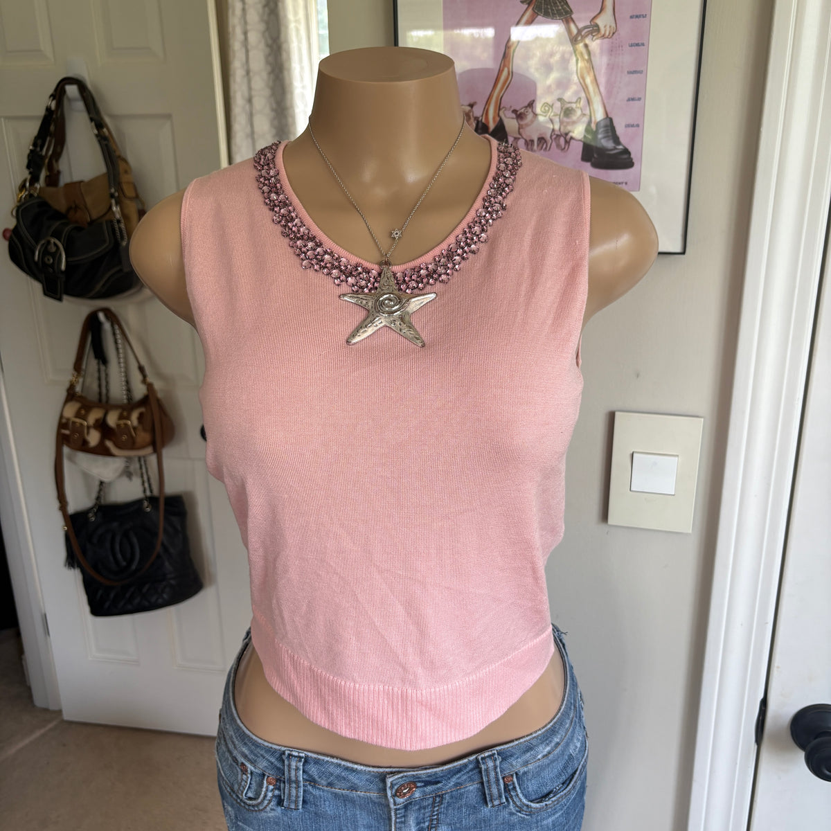 00s Belford pink silk rhinestone tank top (size S)