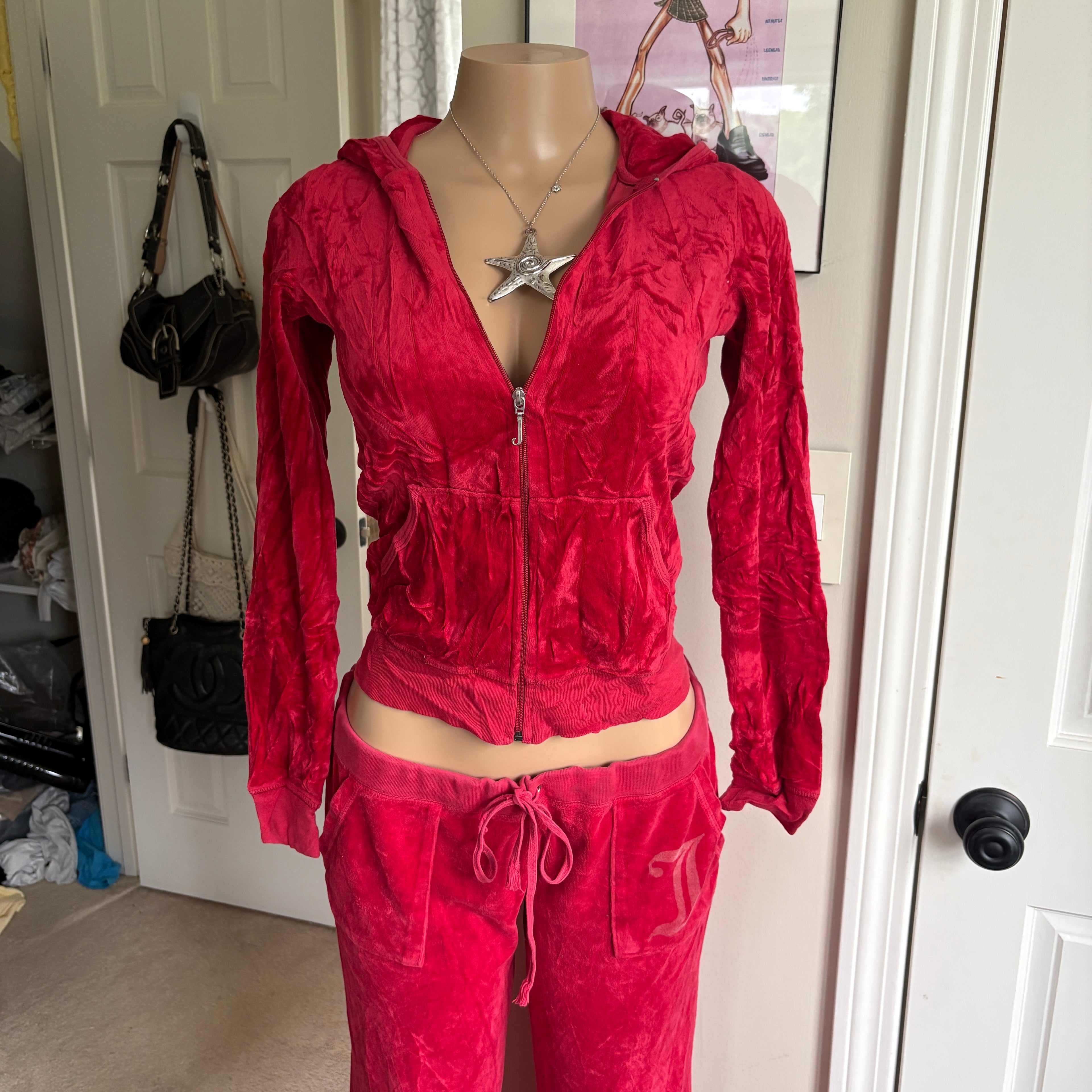 00s Juicy Couture red velour tracksuit set (size L)