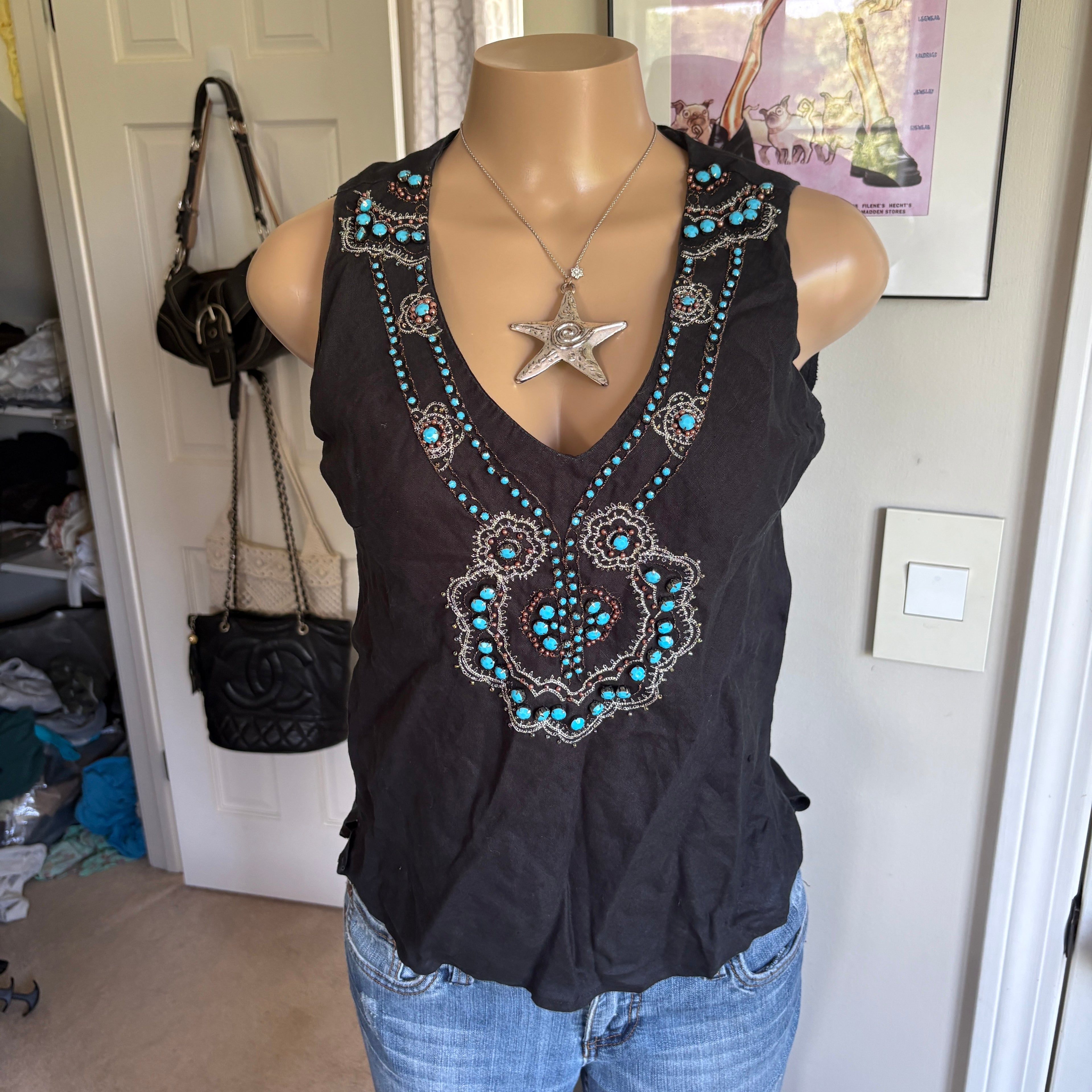 00s black & turquoise beaded tank top (size L)