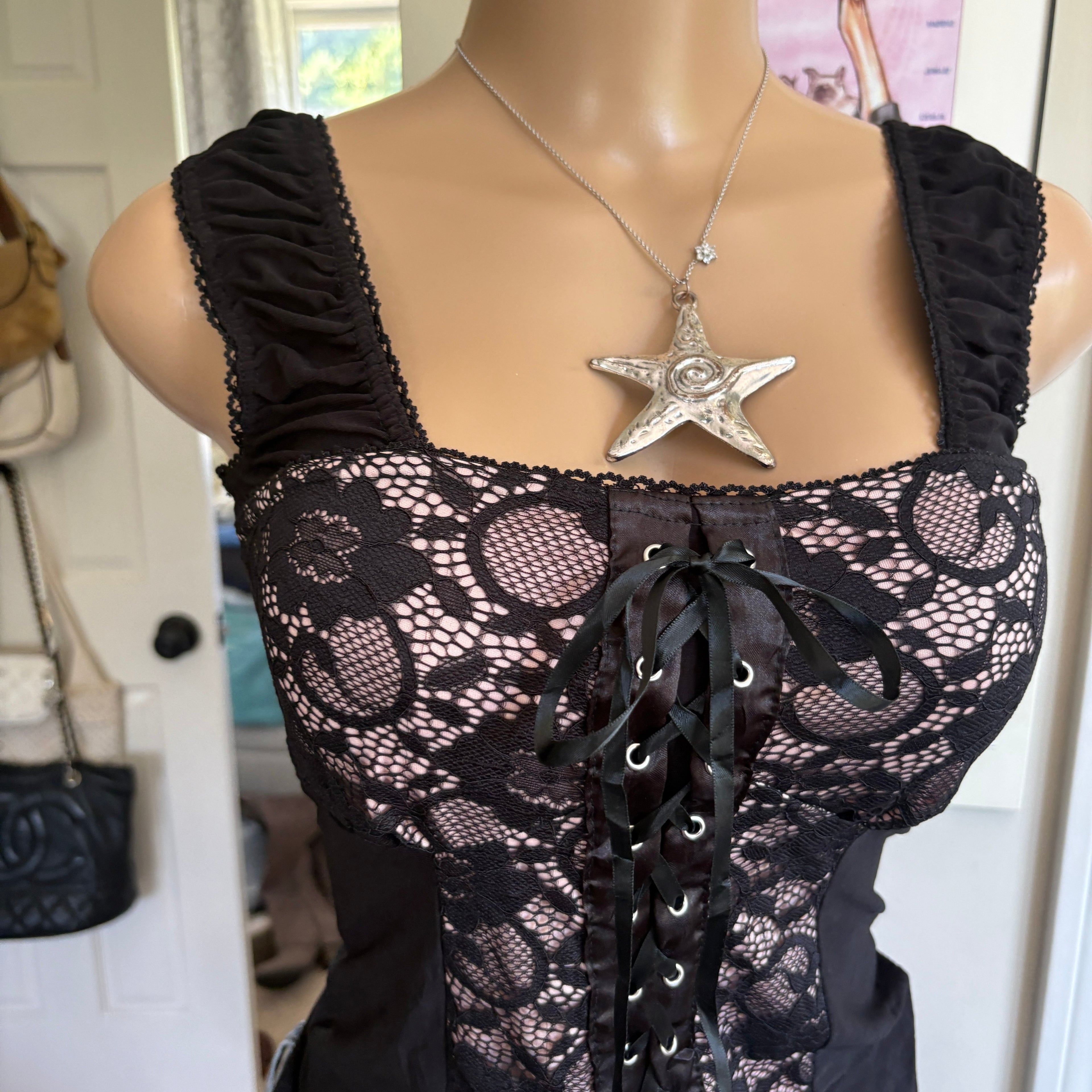 00s black floral lace up tank top (size XS)