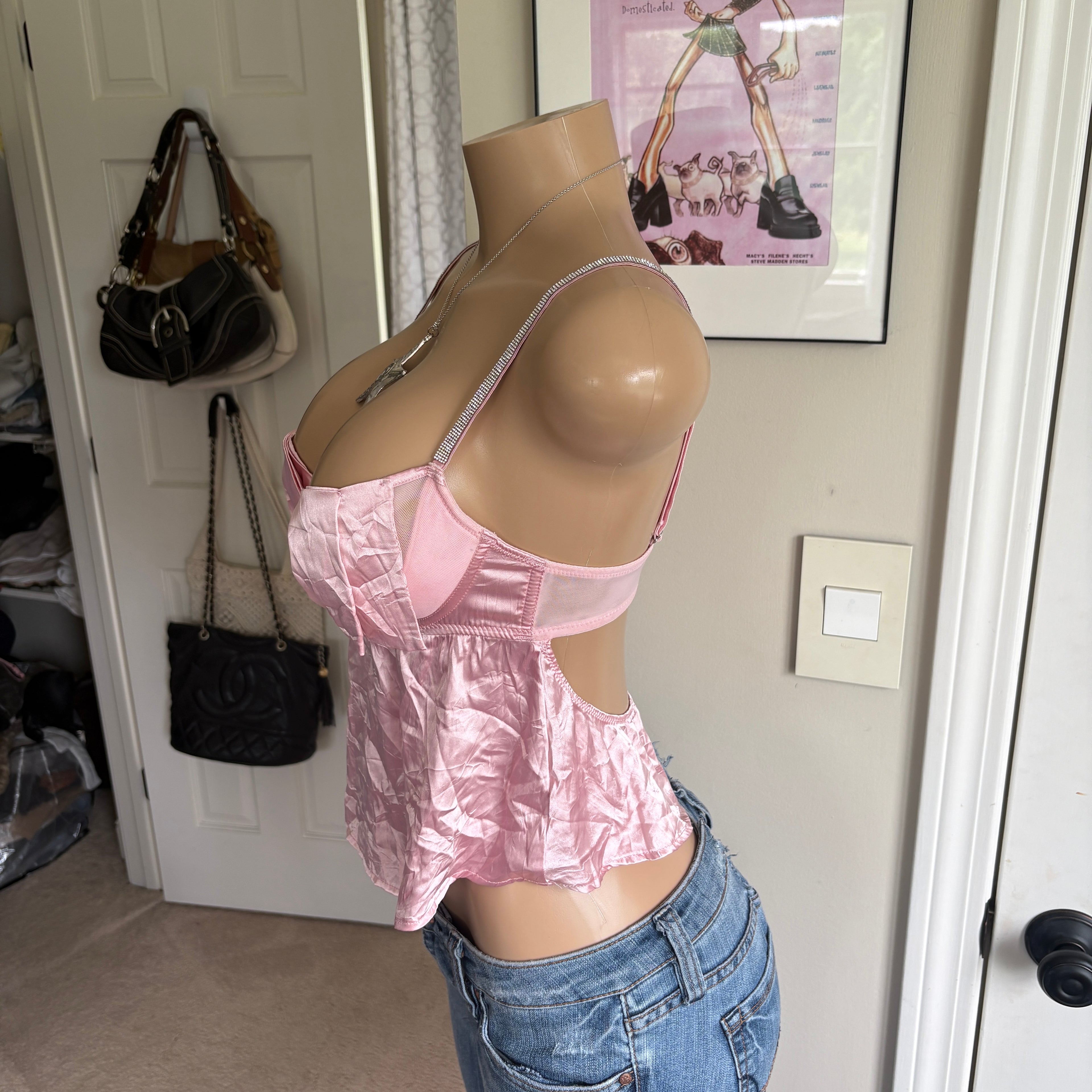 00s satin pink bow lingerie cami top (size S)