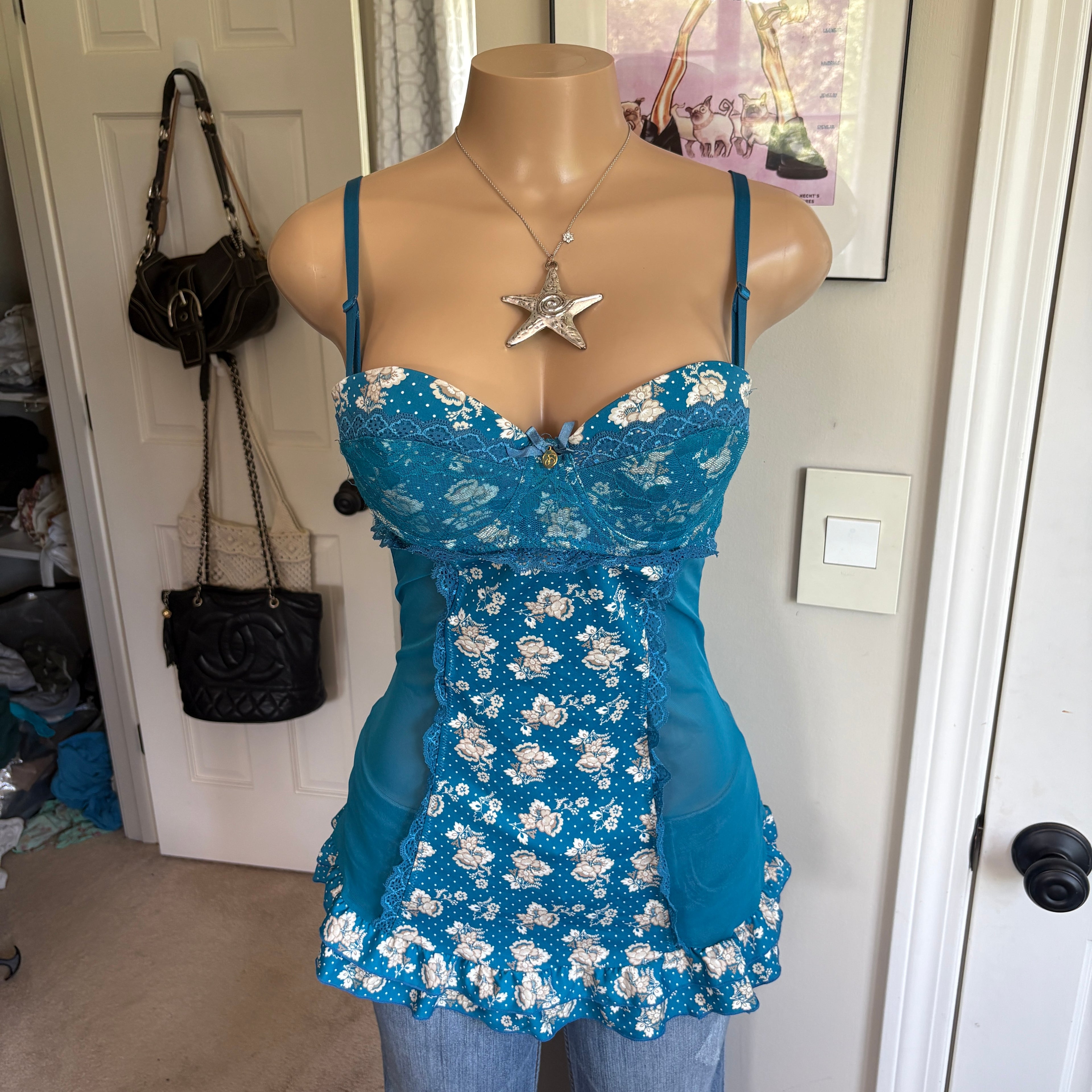 00s blue floral bustier lingerie top (size L)