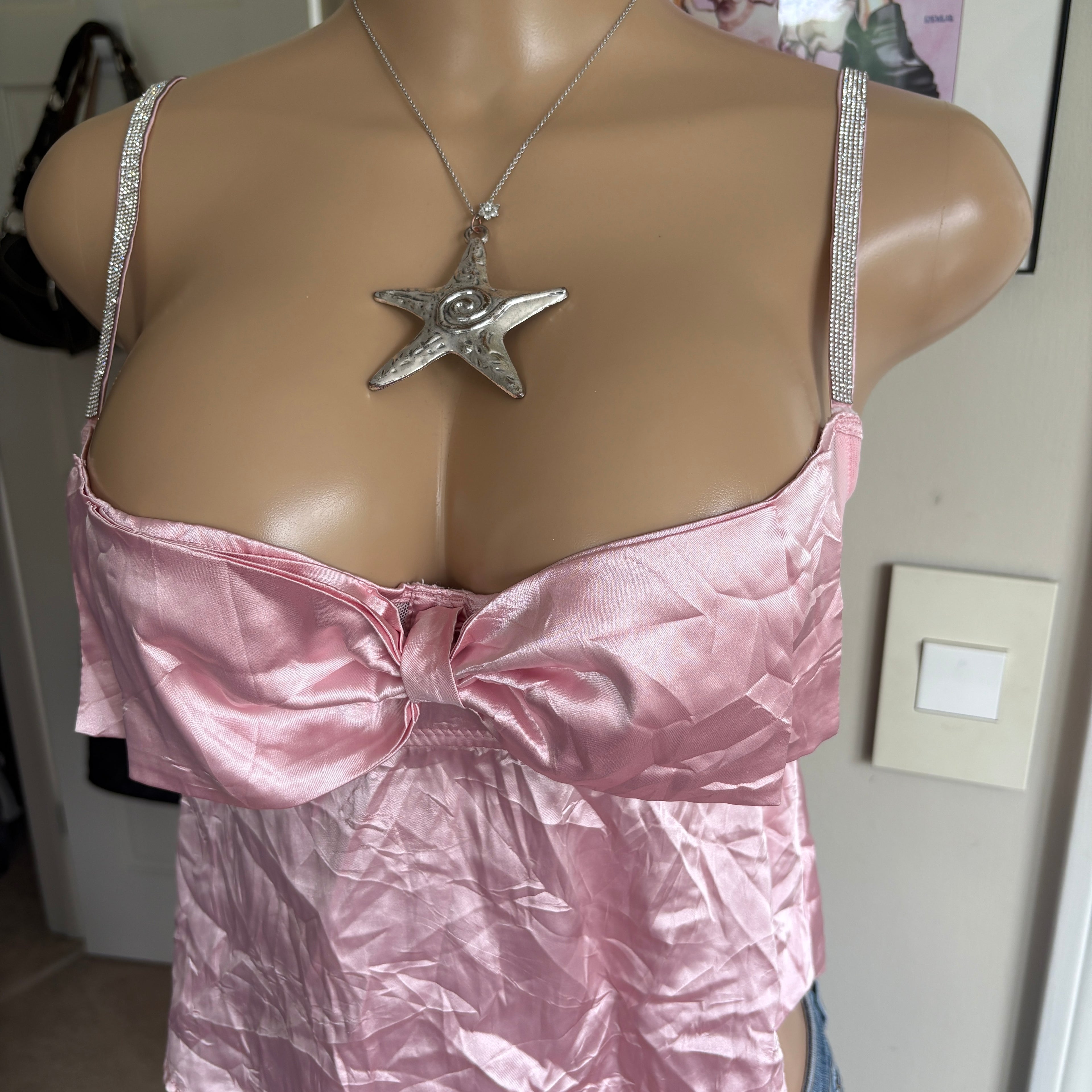 00s satin pink bow lingerie cami top (size S)