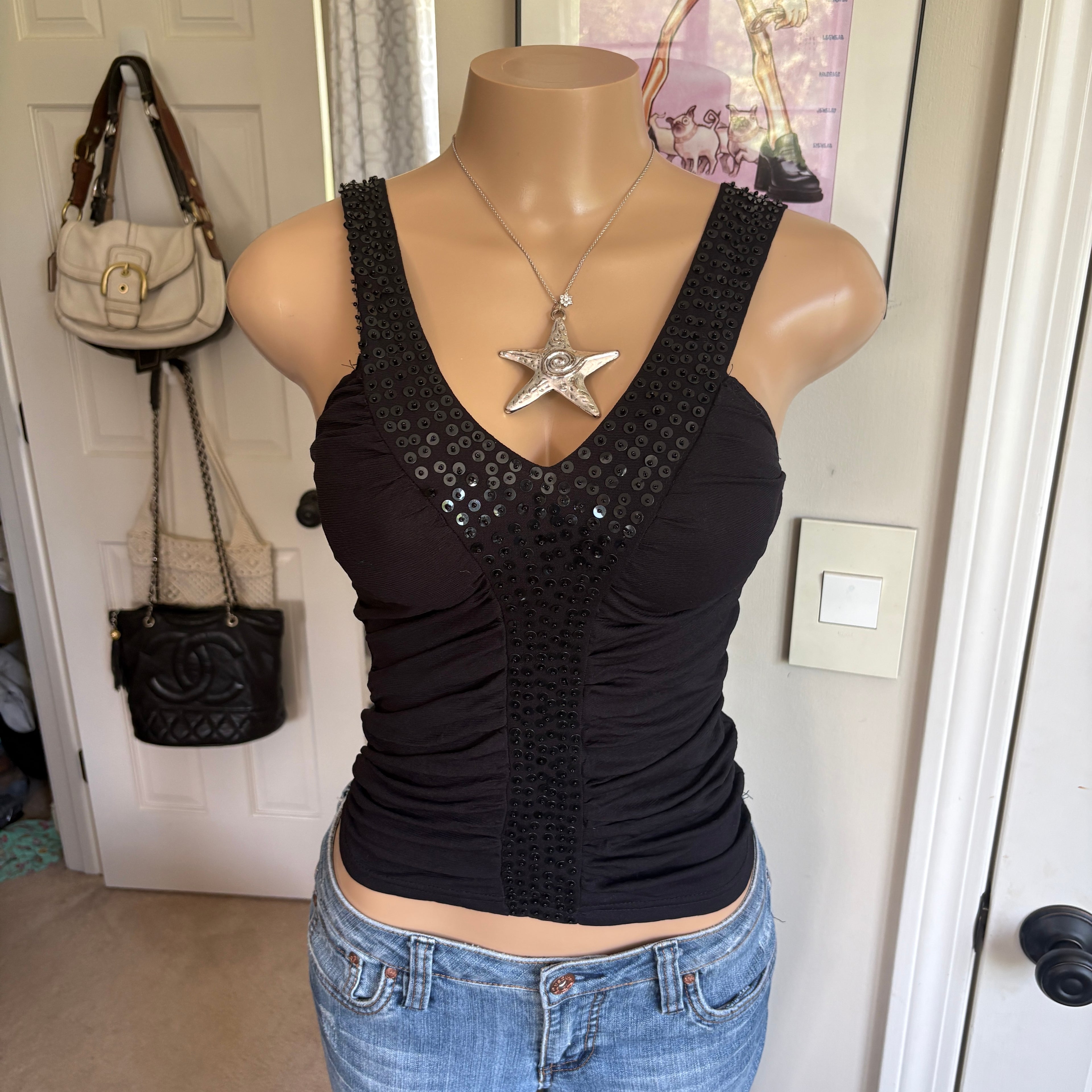 00s black sequin v neck tank top (size S)