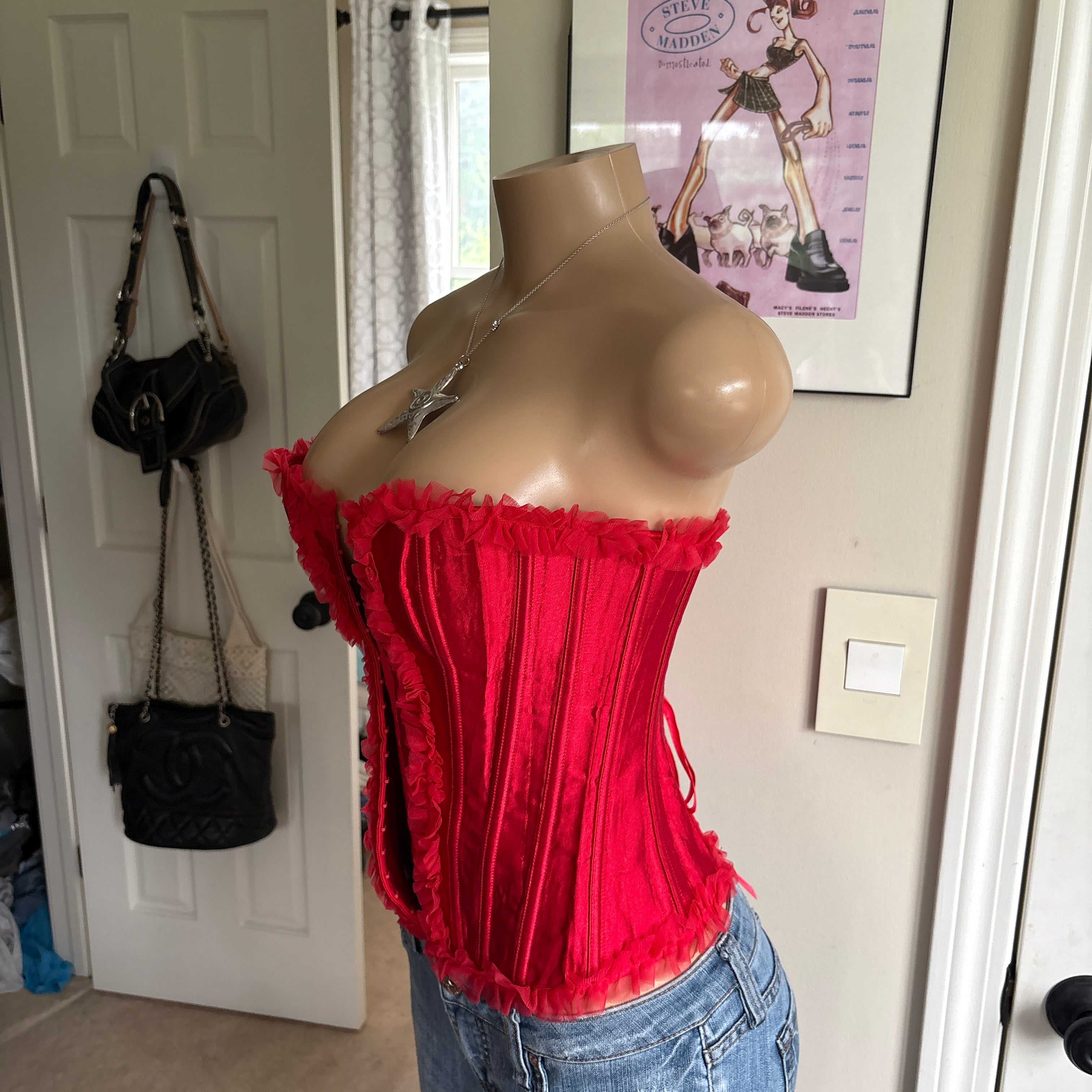 00s red bustier strapless corset top (size S)