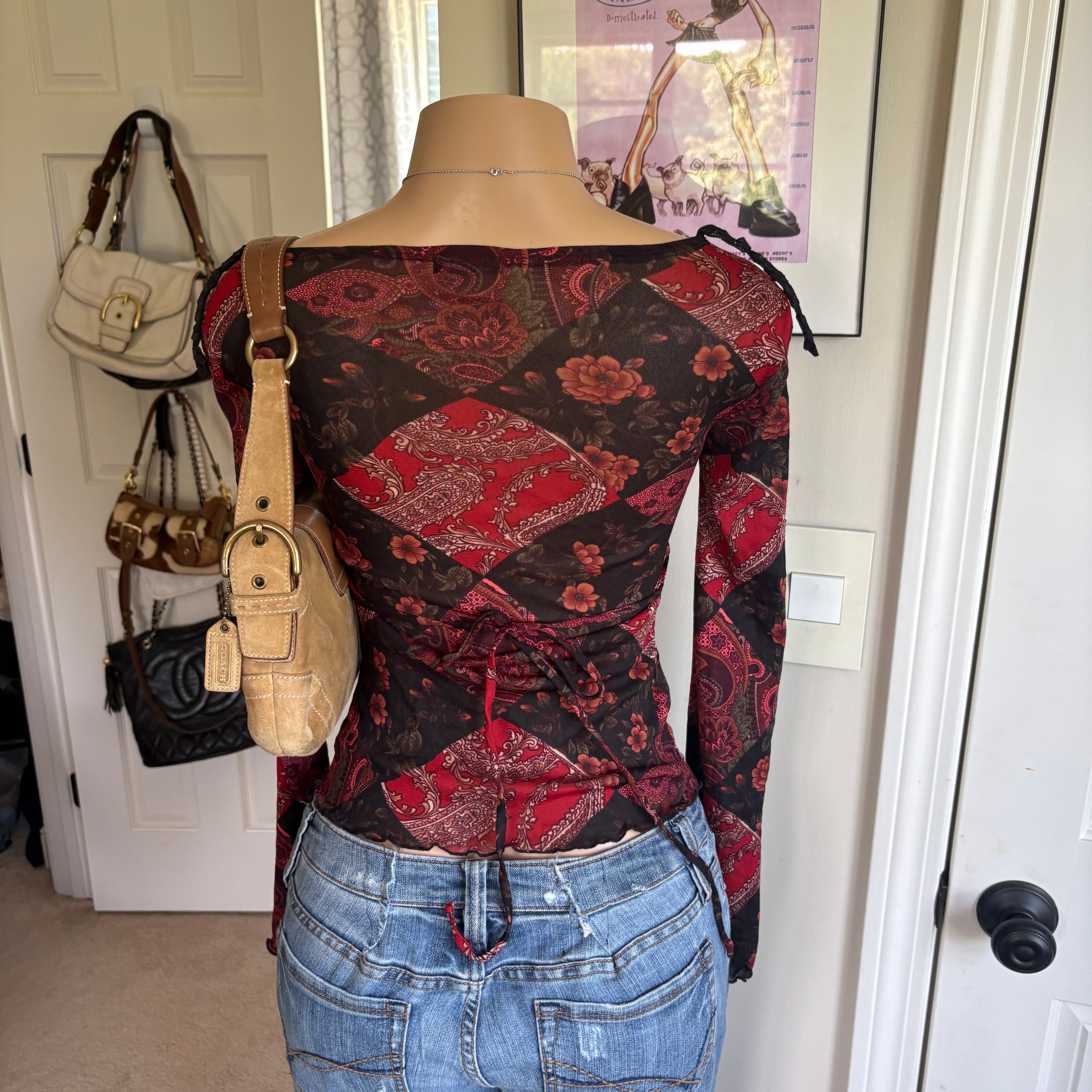 00s red floral tie back long sleeve (size S)