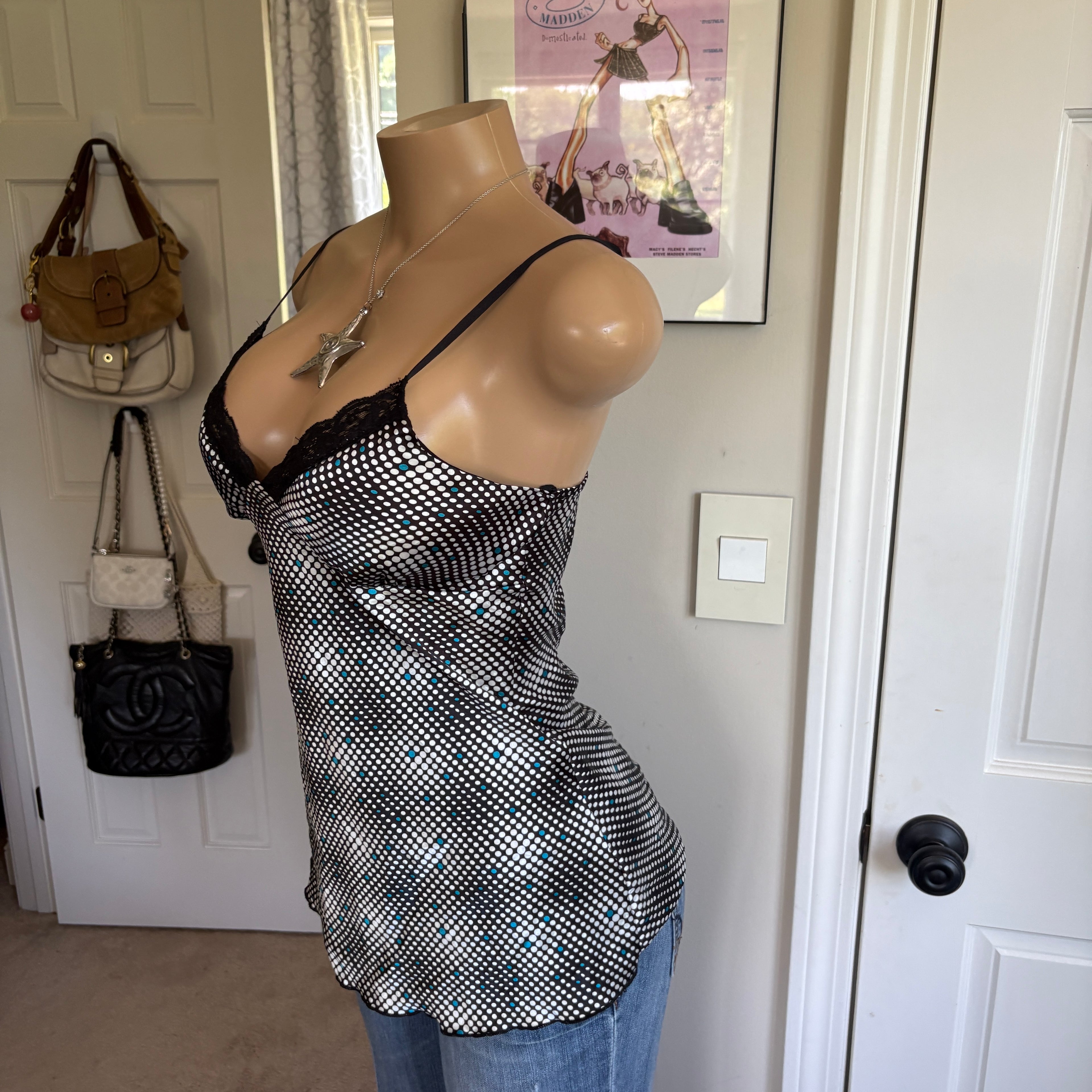 00s Suzy Shier black polka dot satin lace cami (size M)