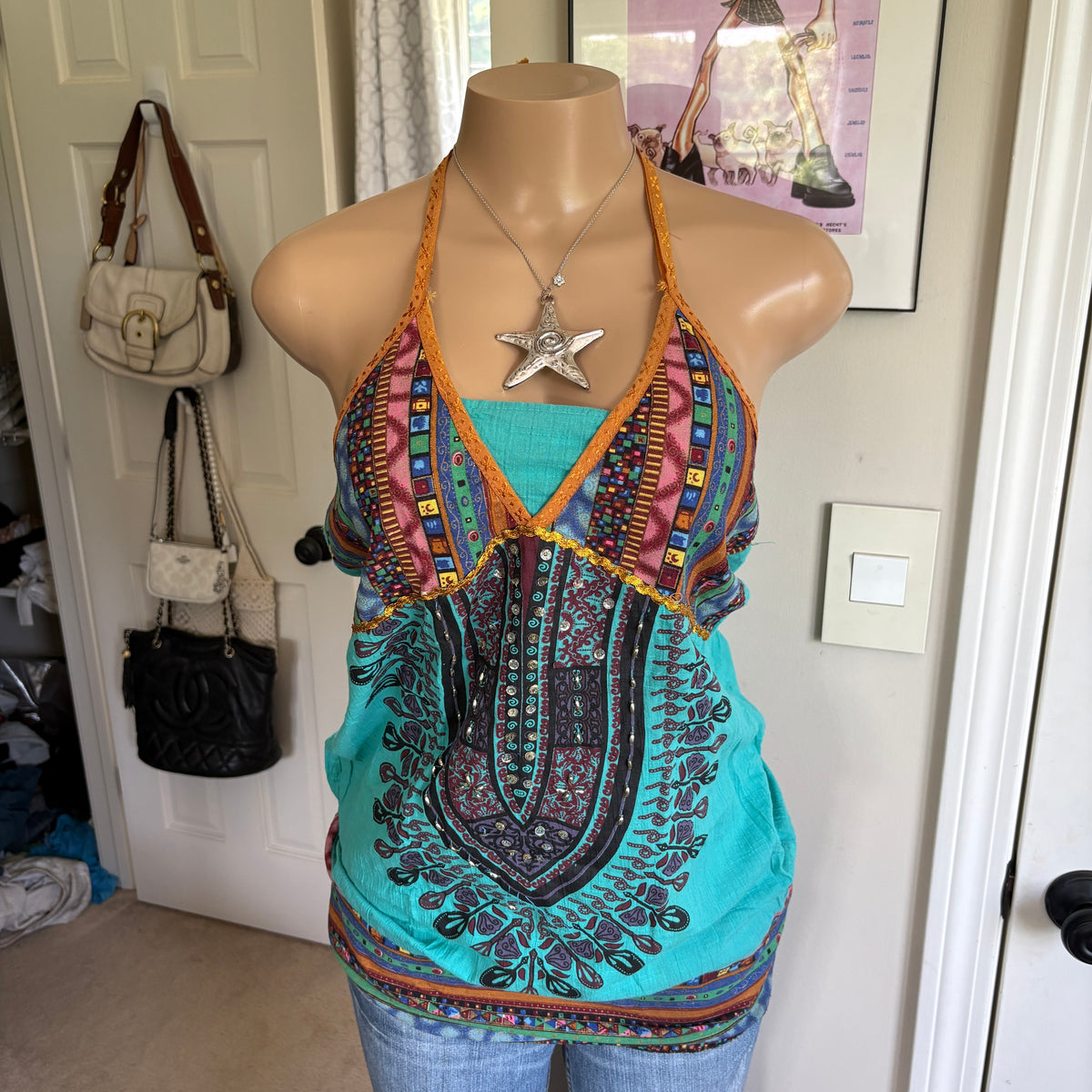 00s multi colored boho turquoise halter top (size M)