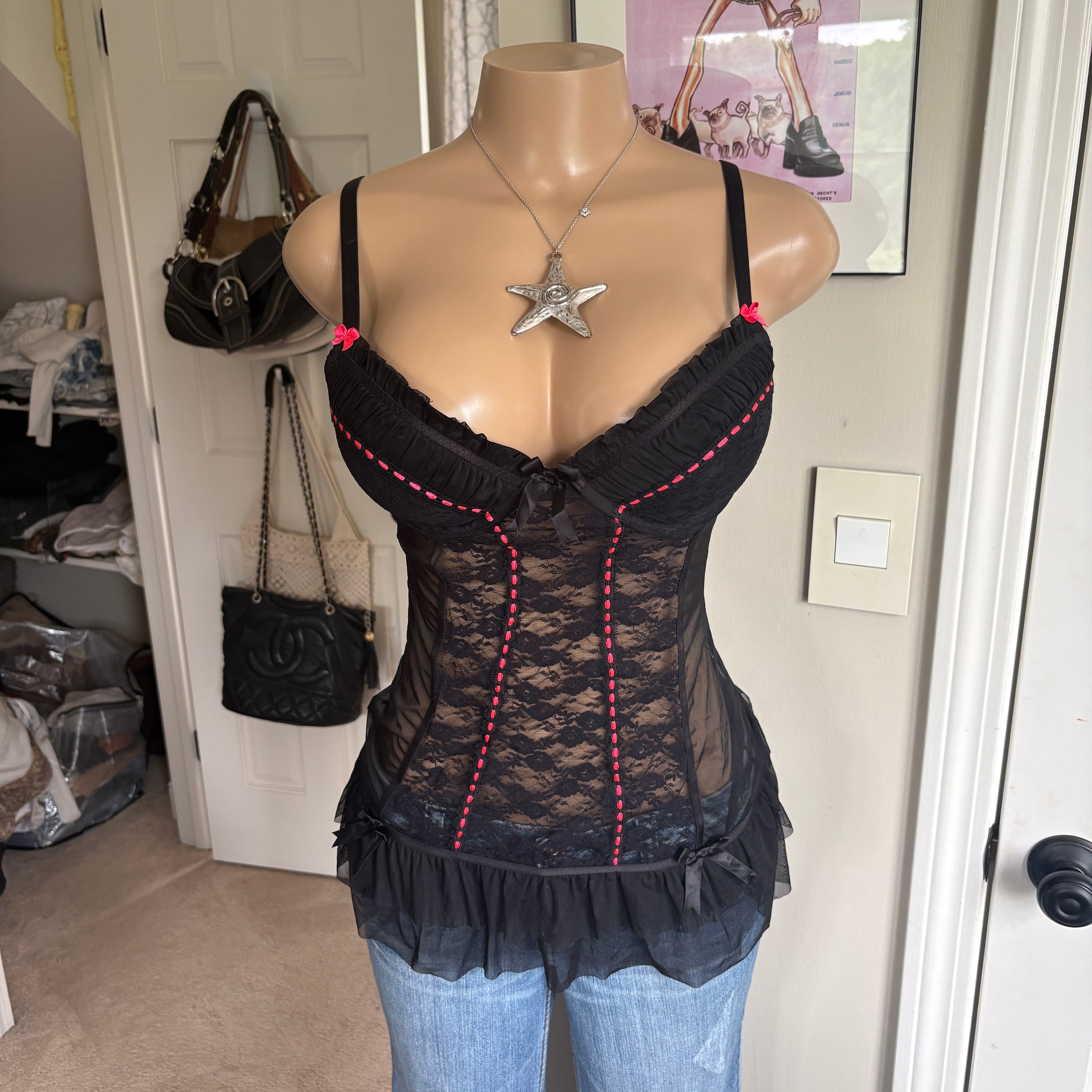 00s black lace corset bustier top (size M)