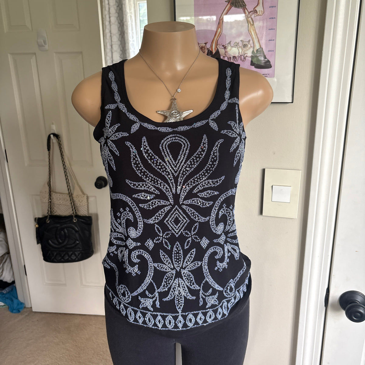 00s black & silver floral tank top (size L)