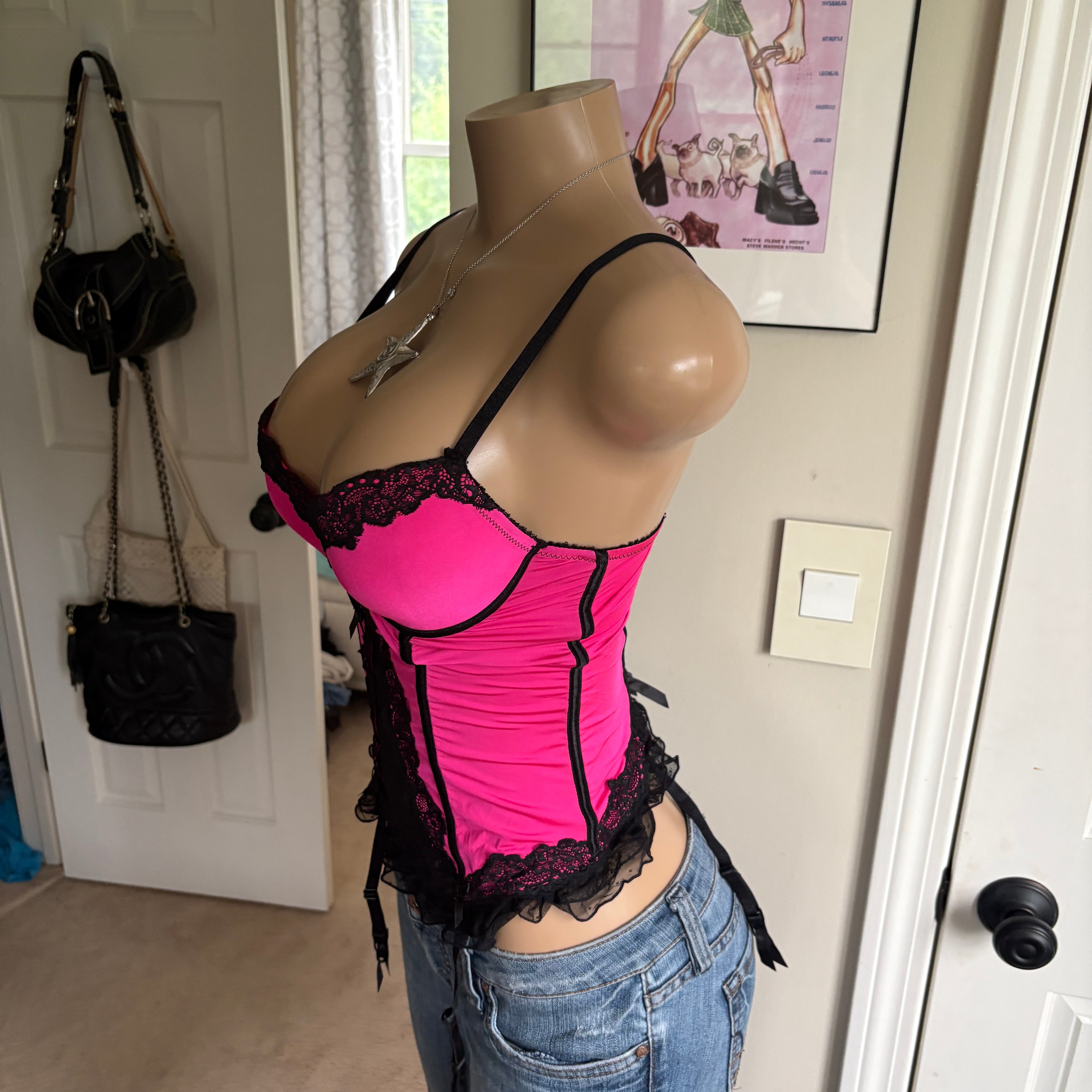 00s pink & black bustier corset top (size M)
