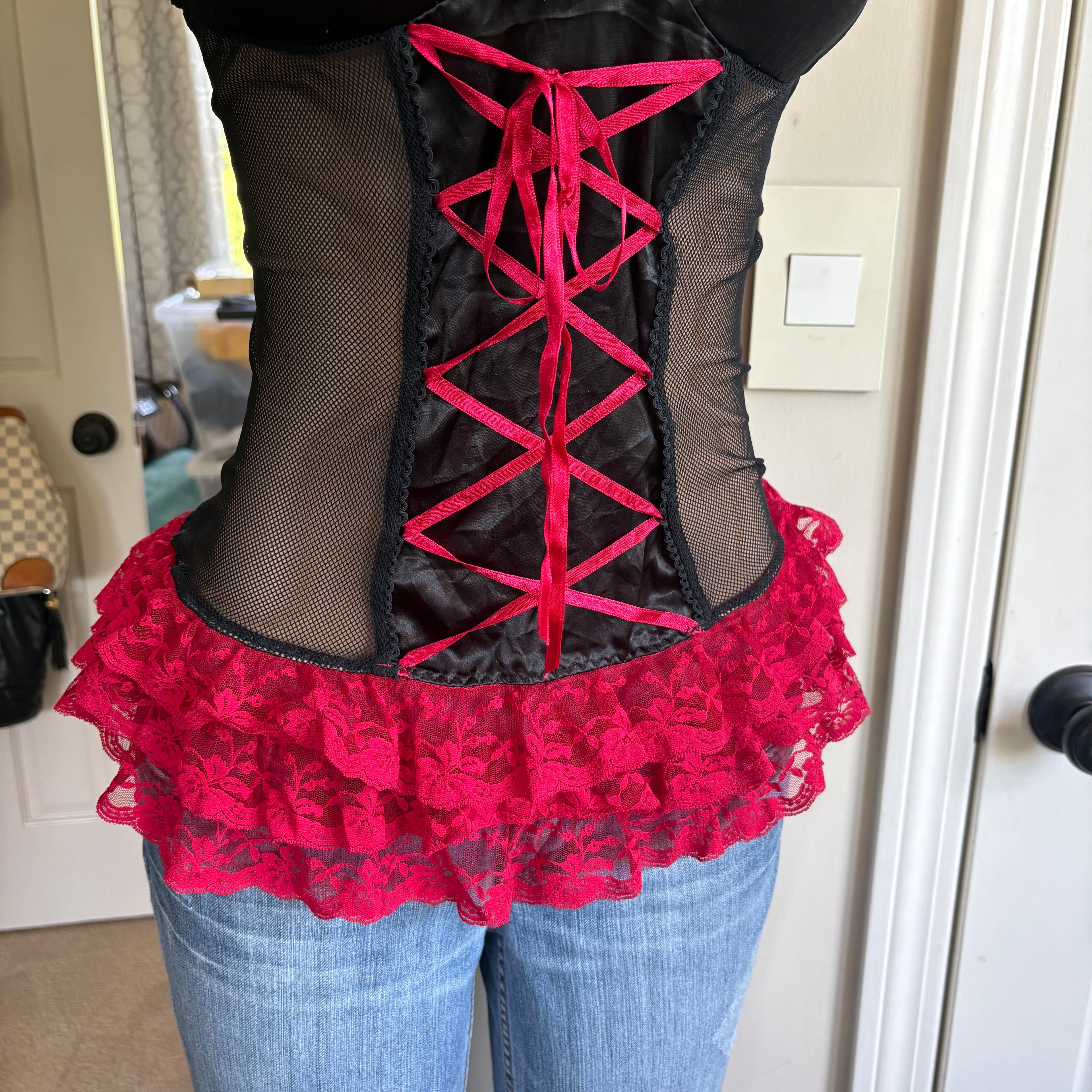 00s black and red lace up lingerie top (size M)