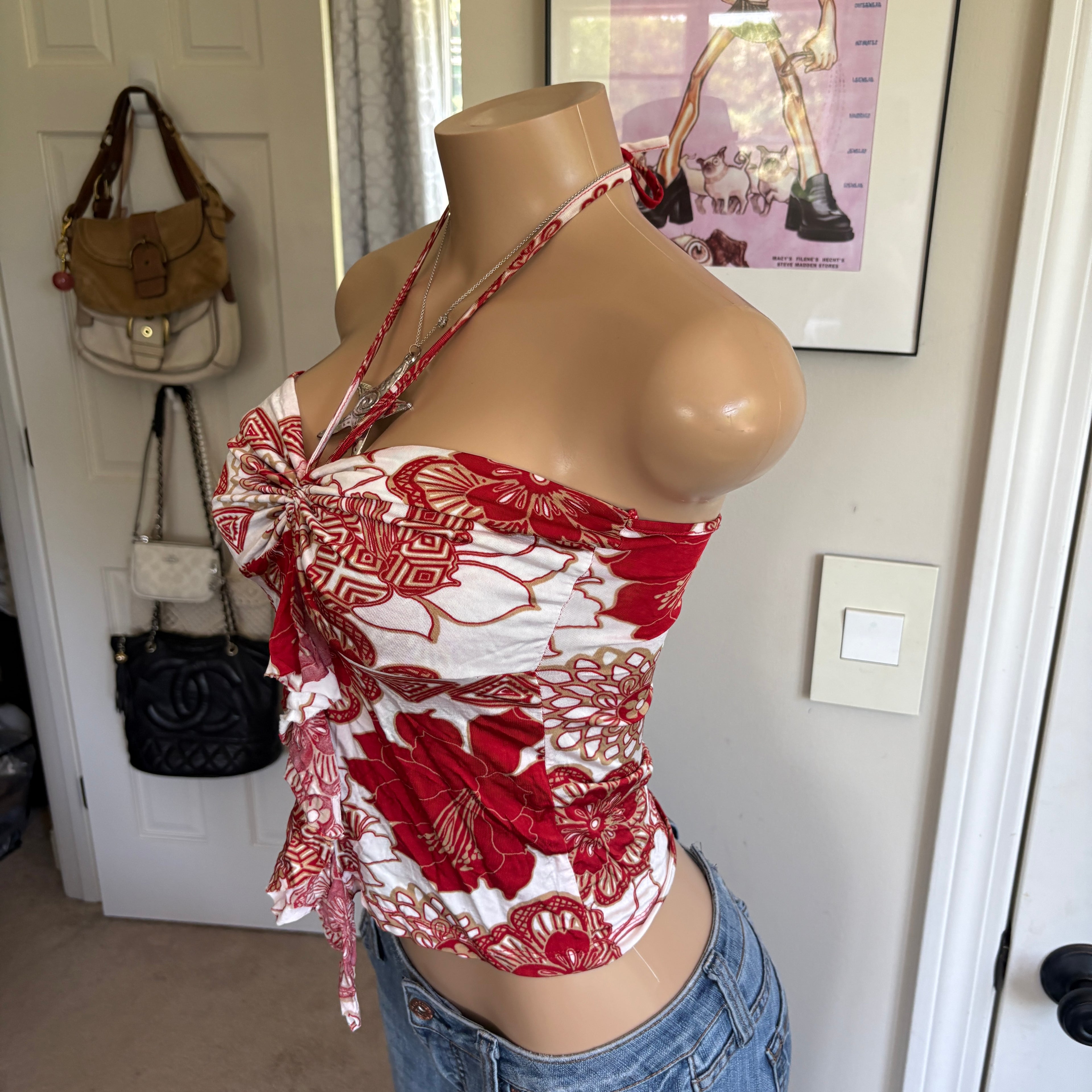 00s red & white floral halter top (size S/M)