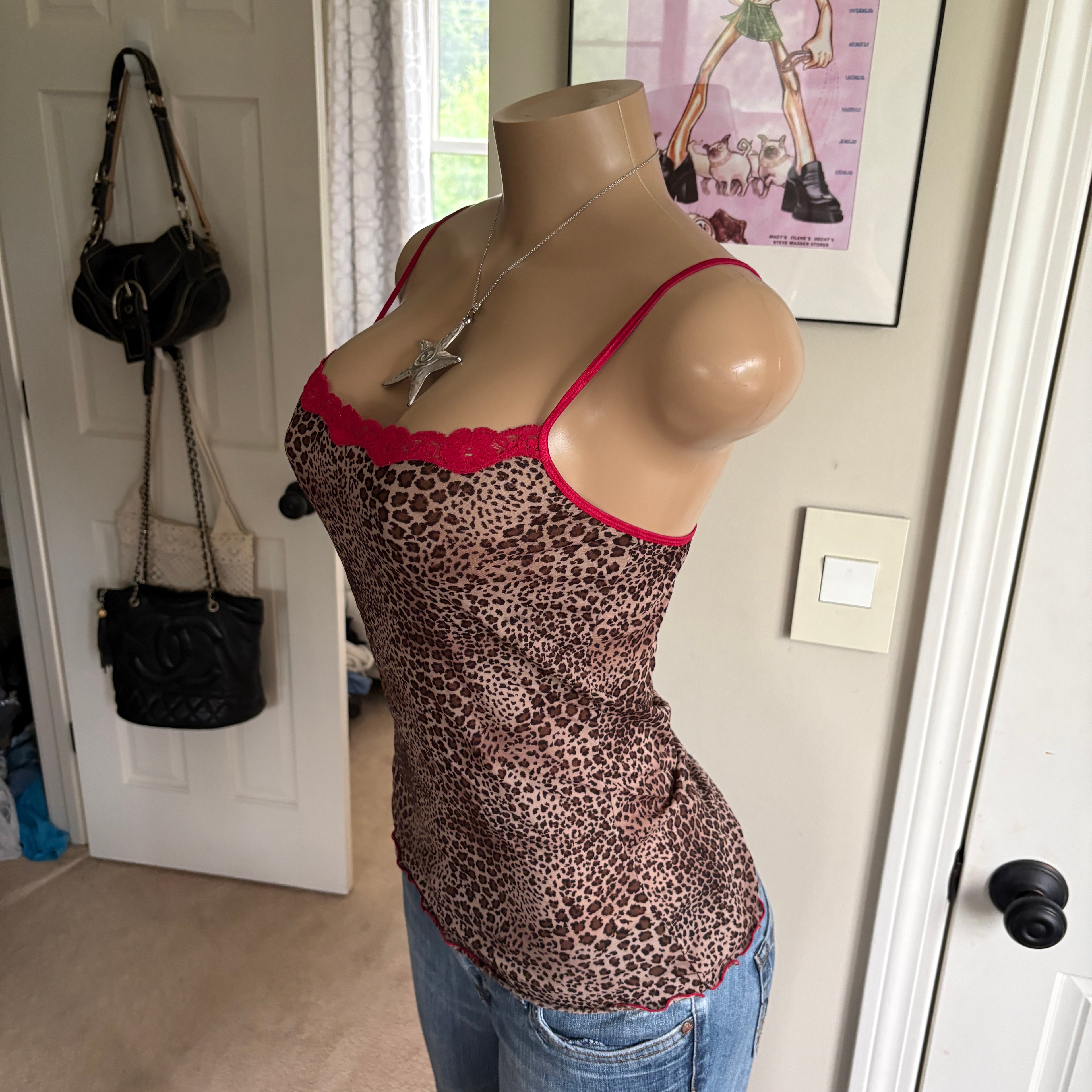 00s leopard print & red lace cami (size L)