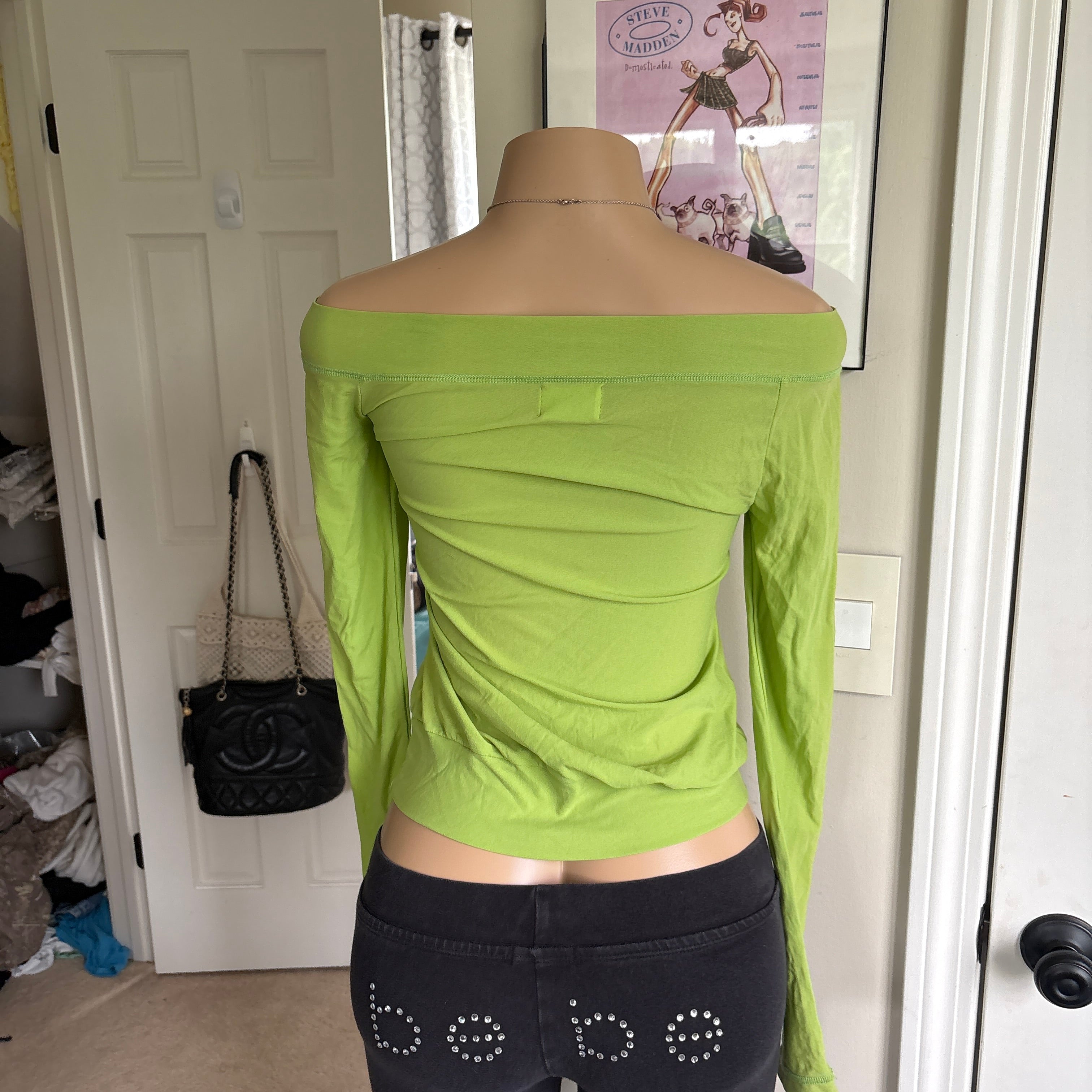 00s colorful green floral letterman off shoulder top (size S/M)