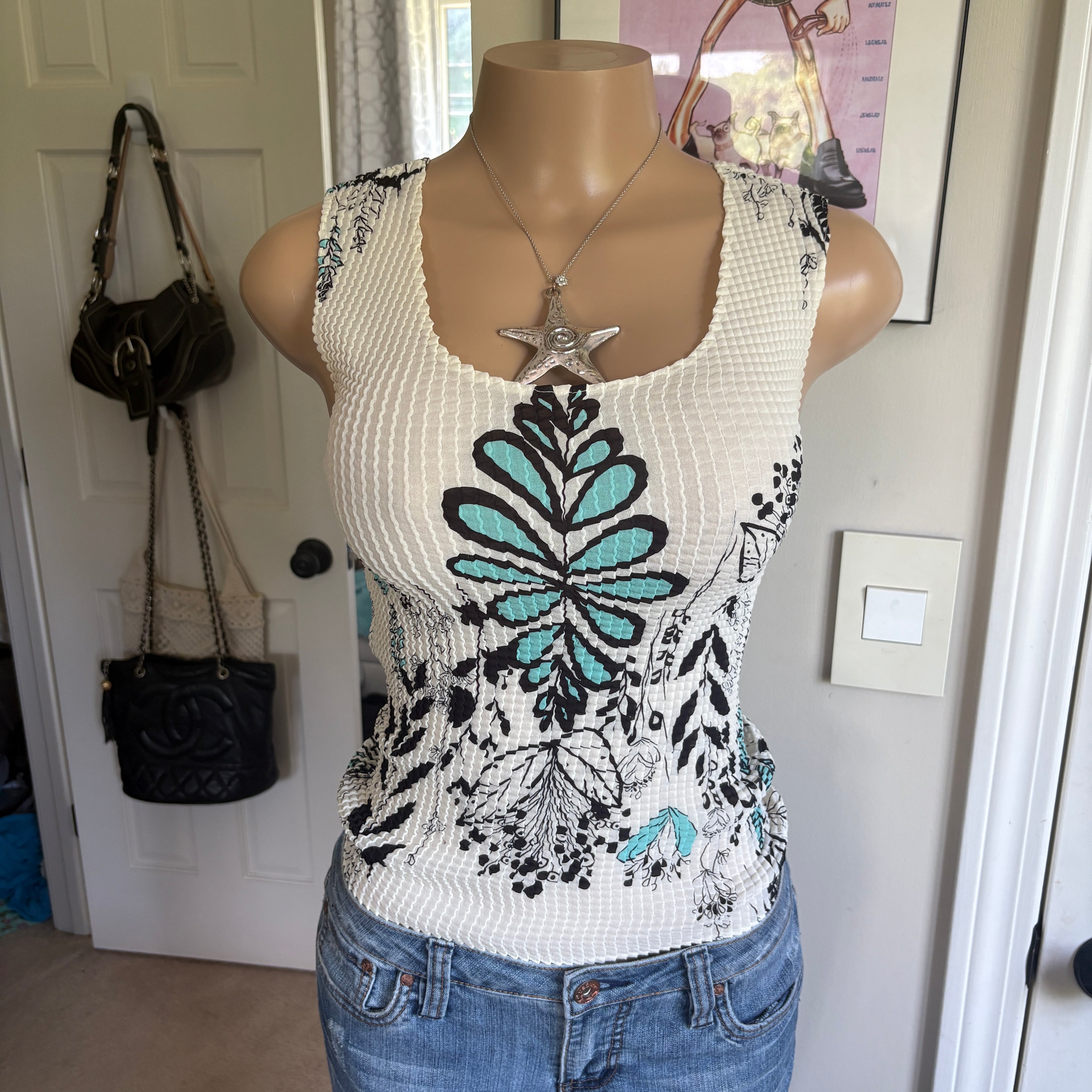 00s white & teal floral tank top (size S)