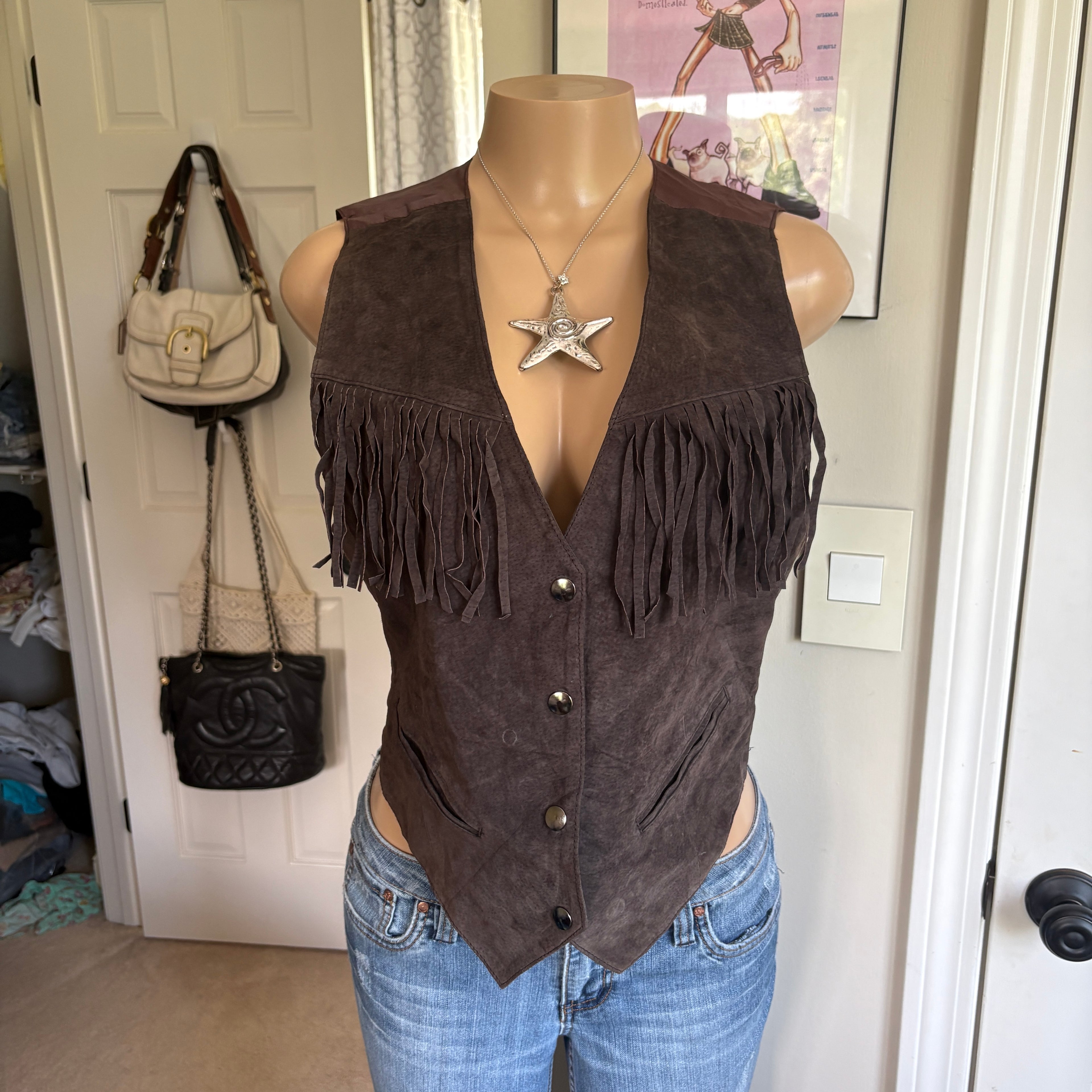 00s western brown leather fringe vest (size S)