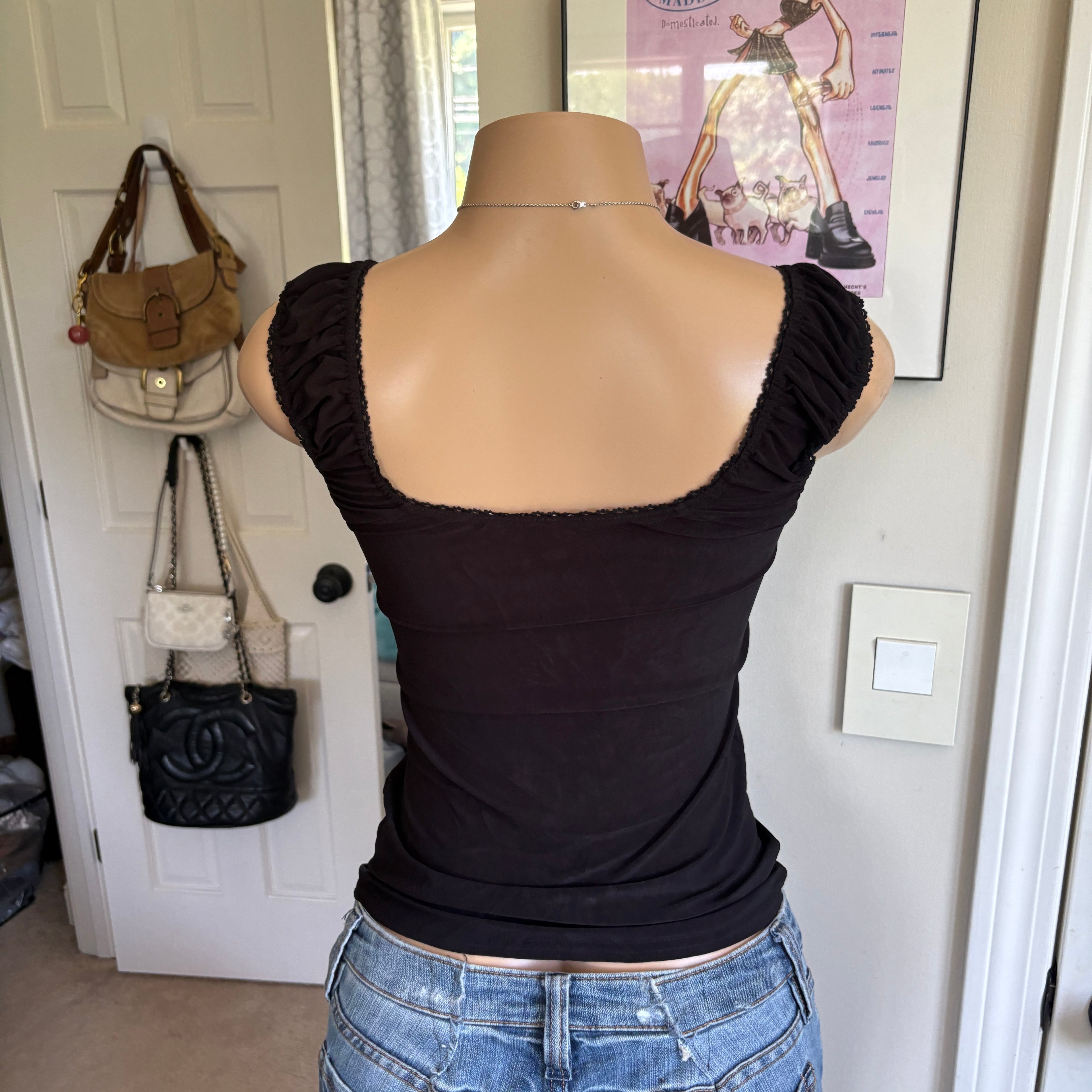 00s black floral lace up tank top (size XS)