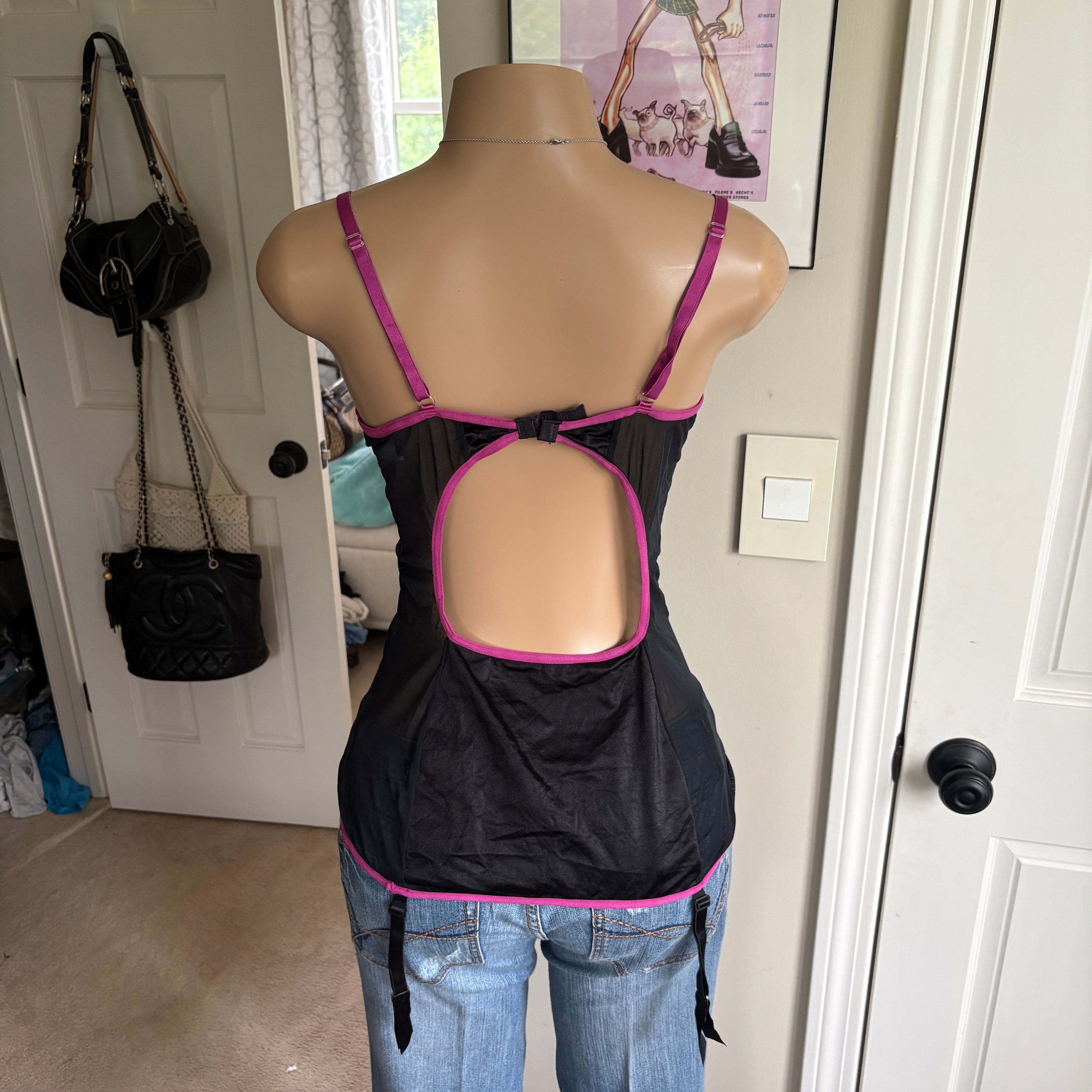 00s Frederick's of Hollywood black & pink bustier top (size L)