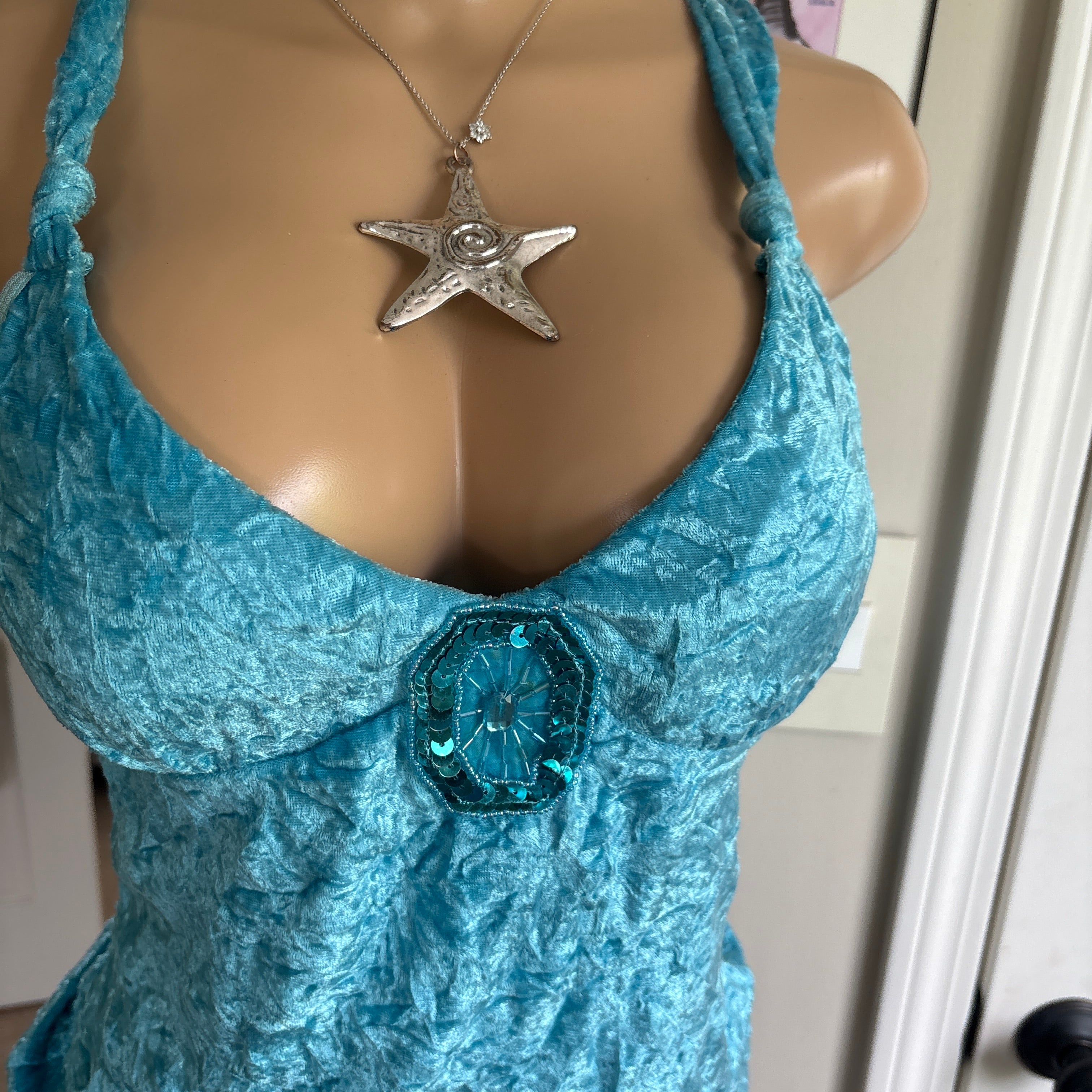 00s Bongo blue velour sequin emblem cami top (size M)
