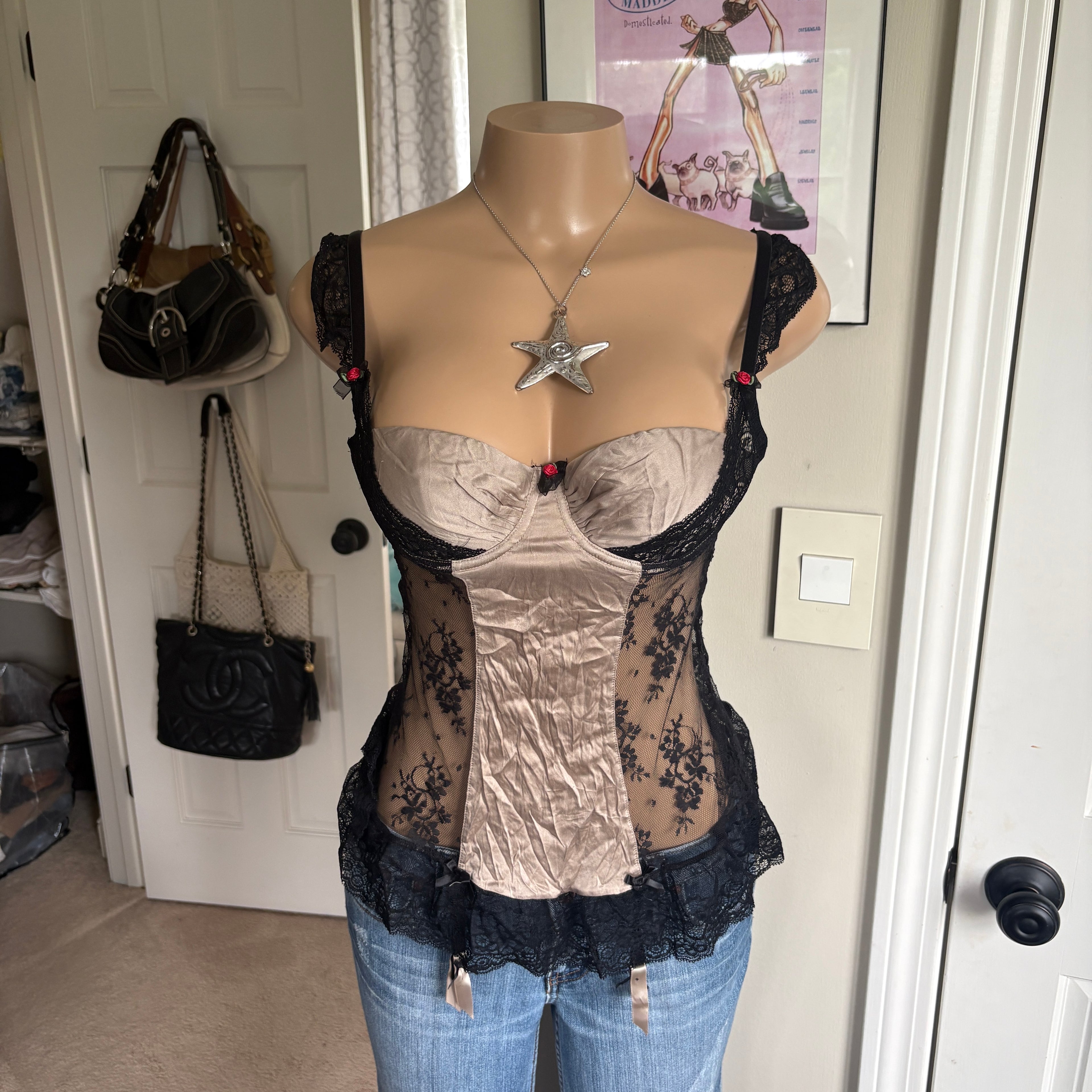 00s tan & black floral corset bustier top (size (Copy) (Copy) (Copy) (Copy 12)