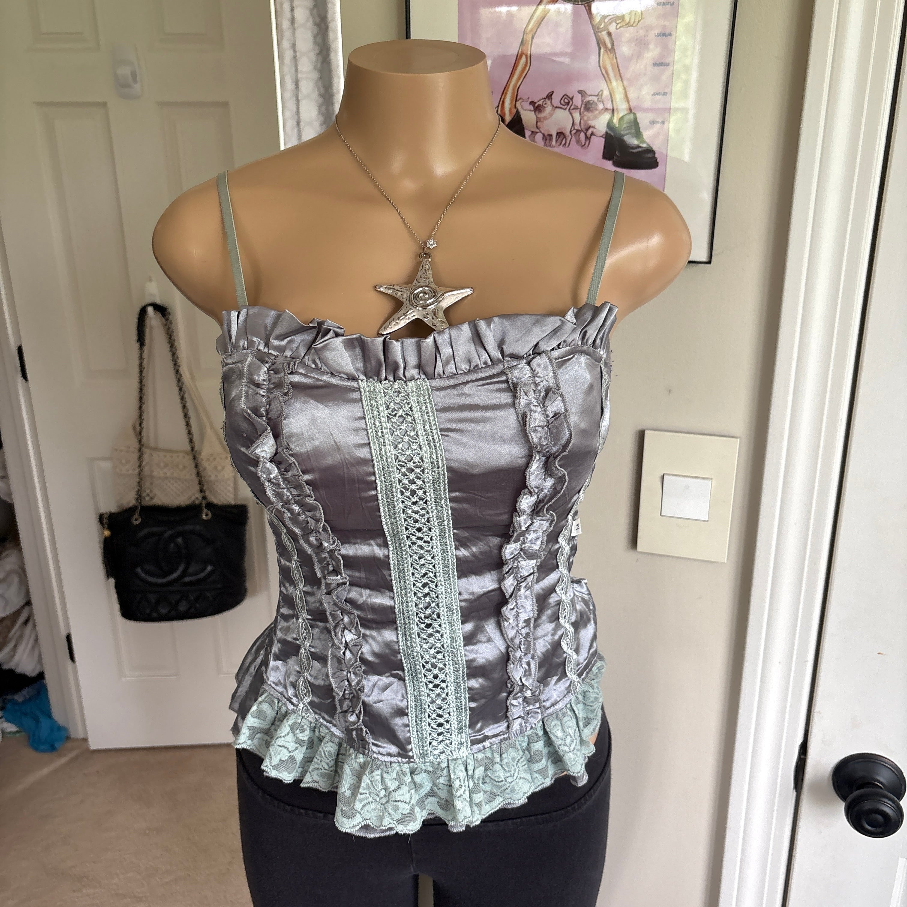00s gray chrome ruffle cami (size S/M)
