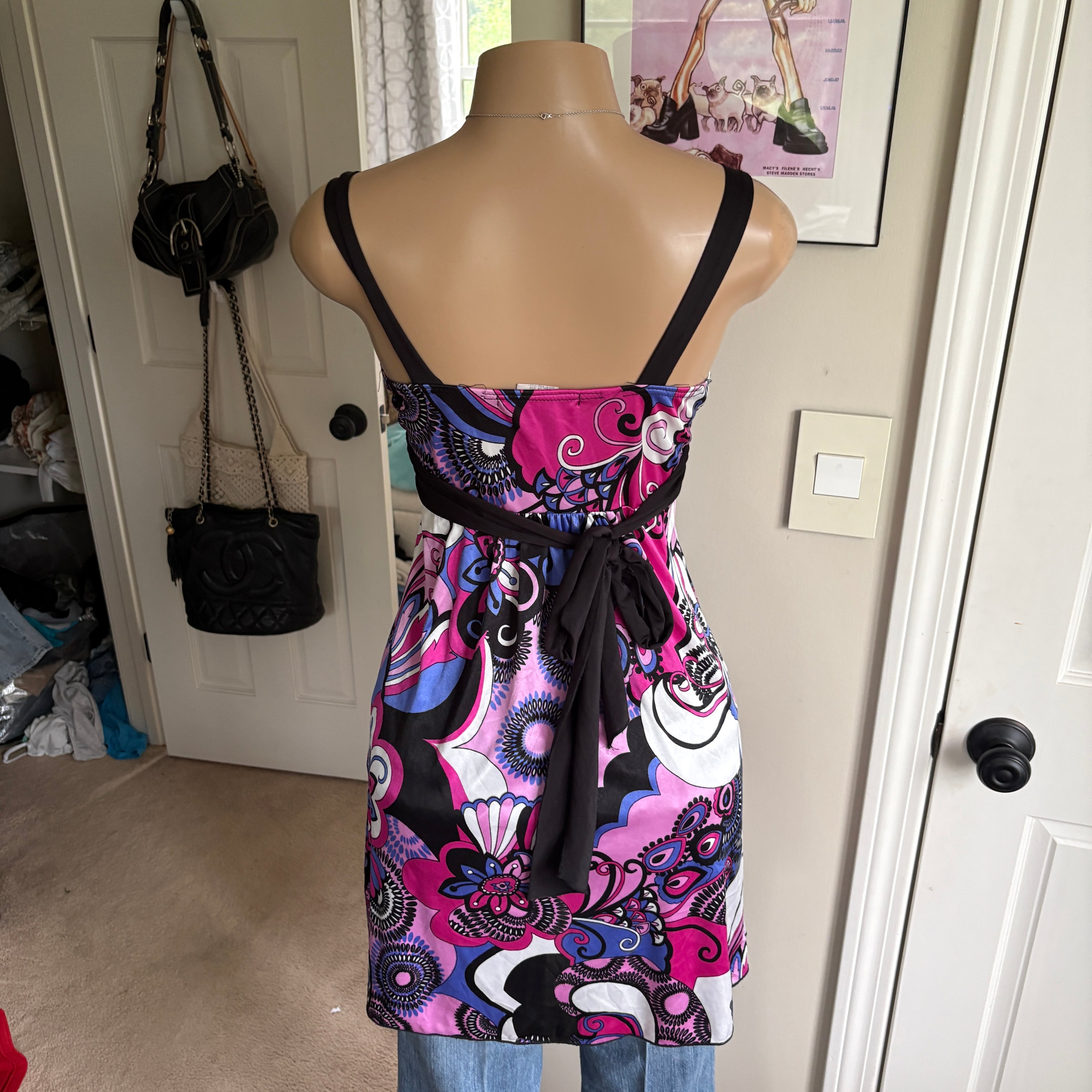 00s purple floral tie back dress (size M)