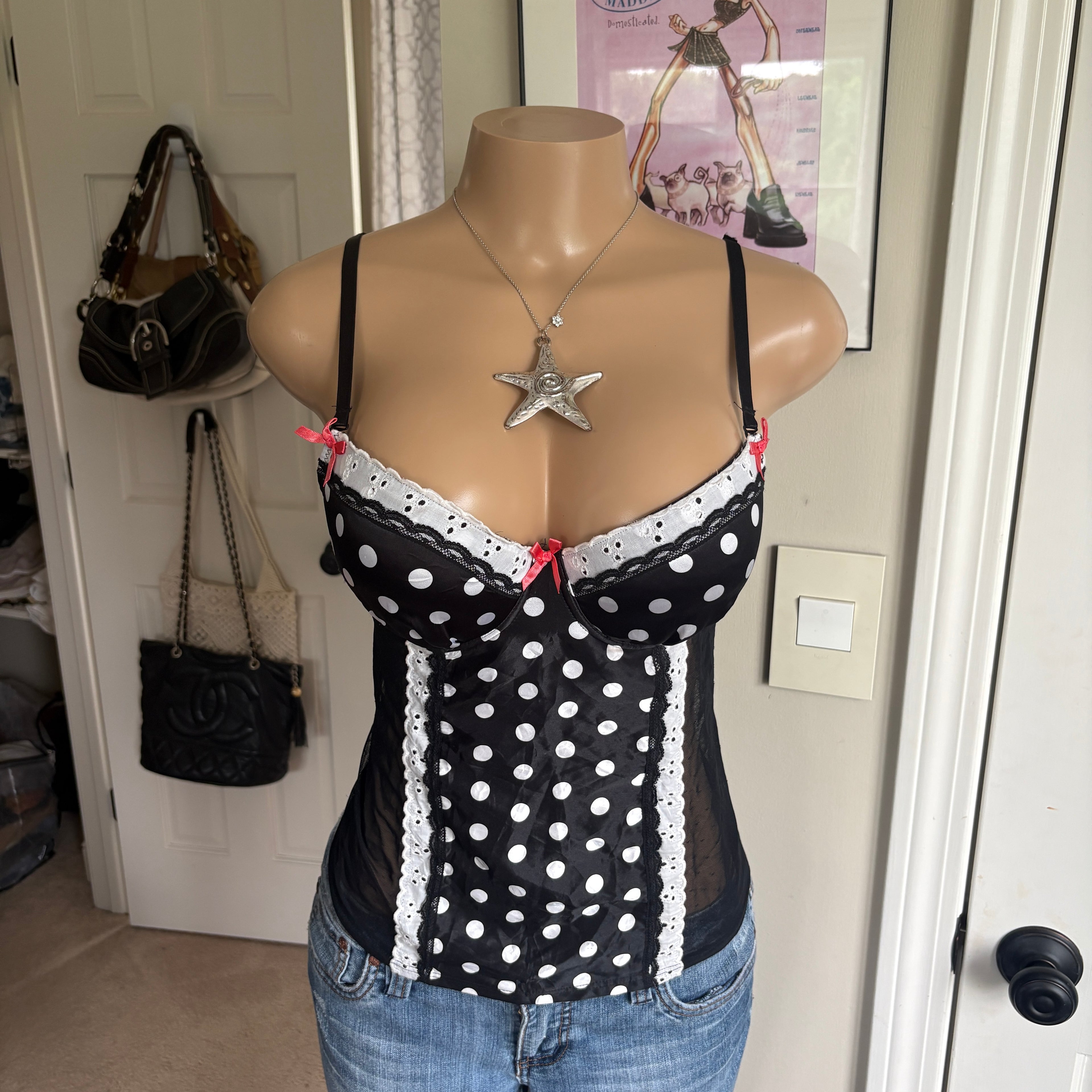 00s black & white polka dot bustier corset top (size 36)