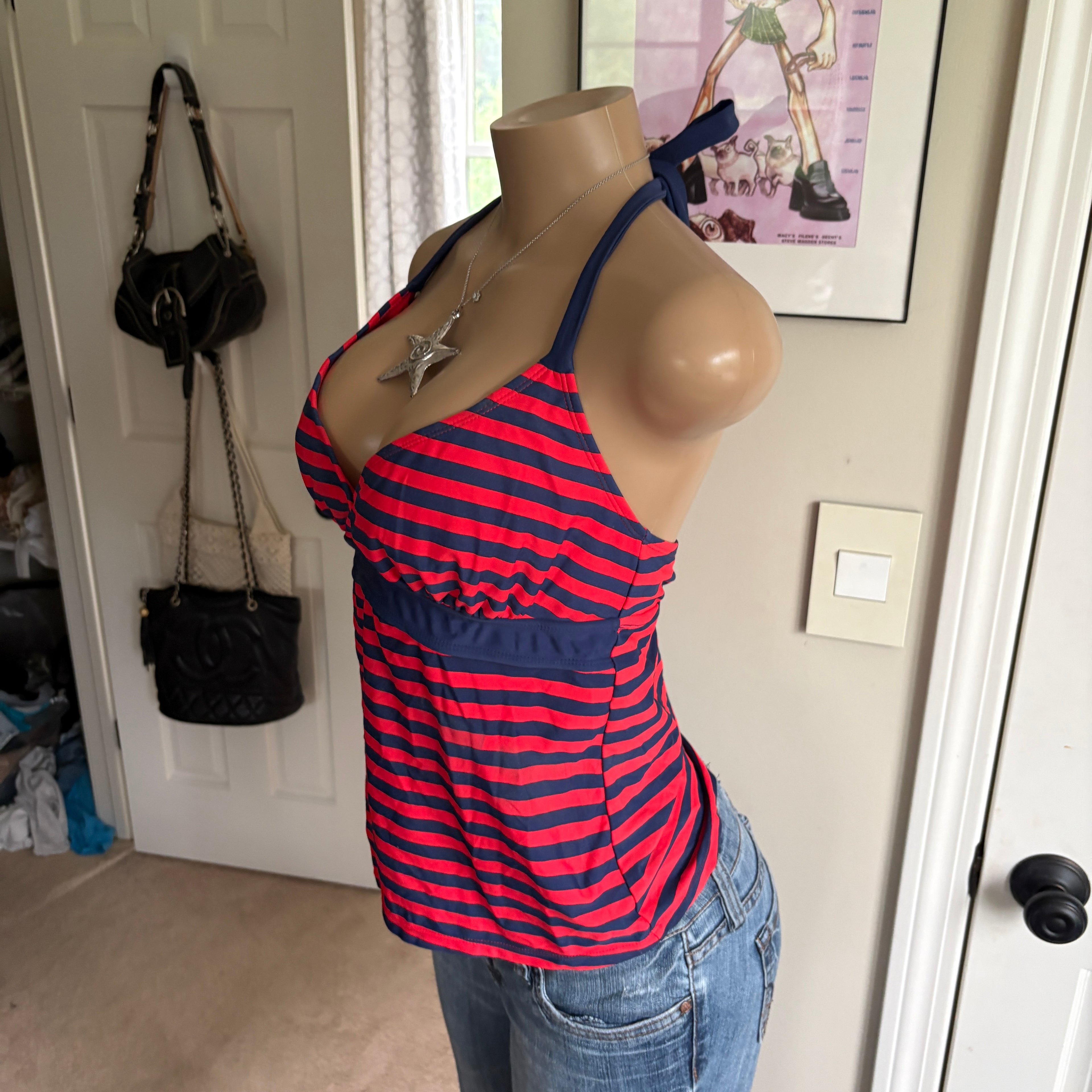 00s red and navy striped halter top (size S)