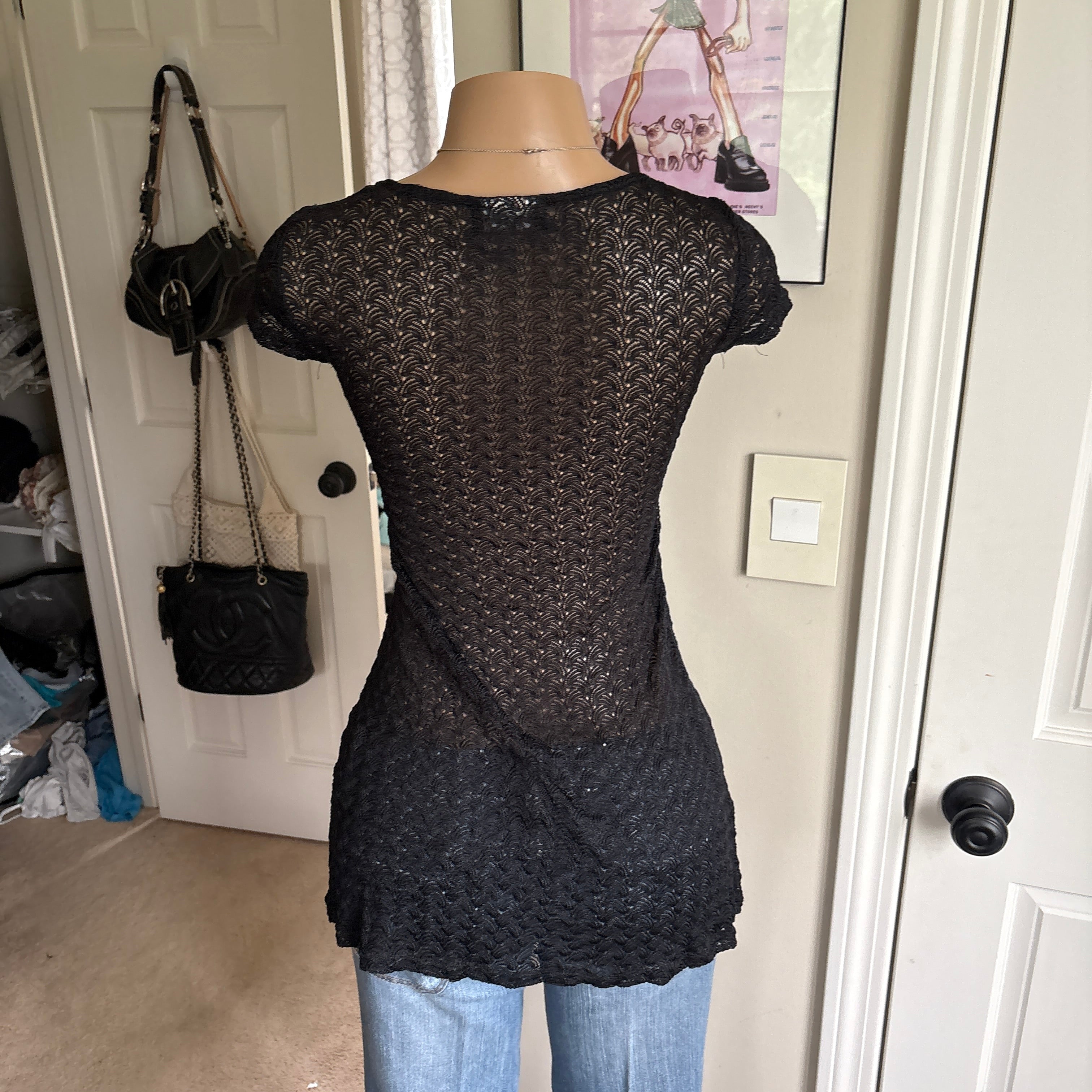00s black knit crochet bow short sleeve (size M)