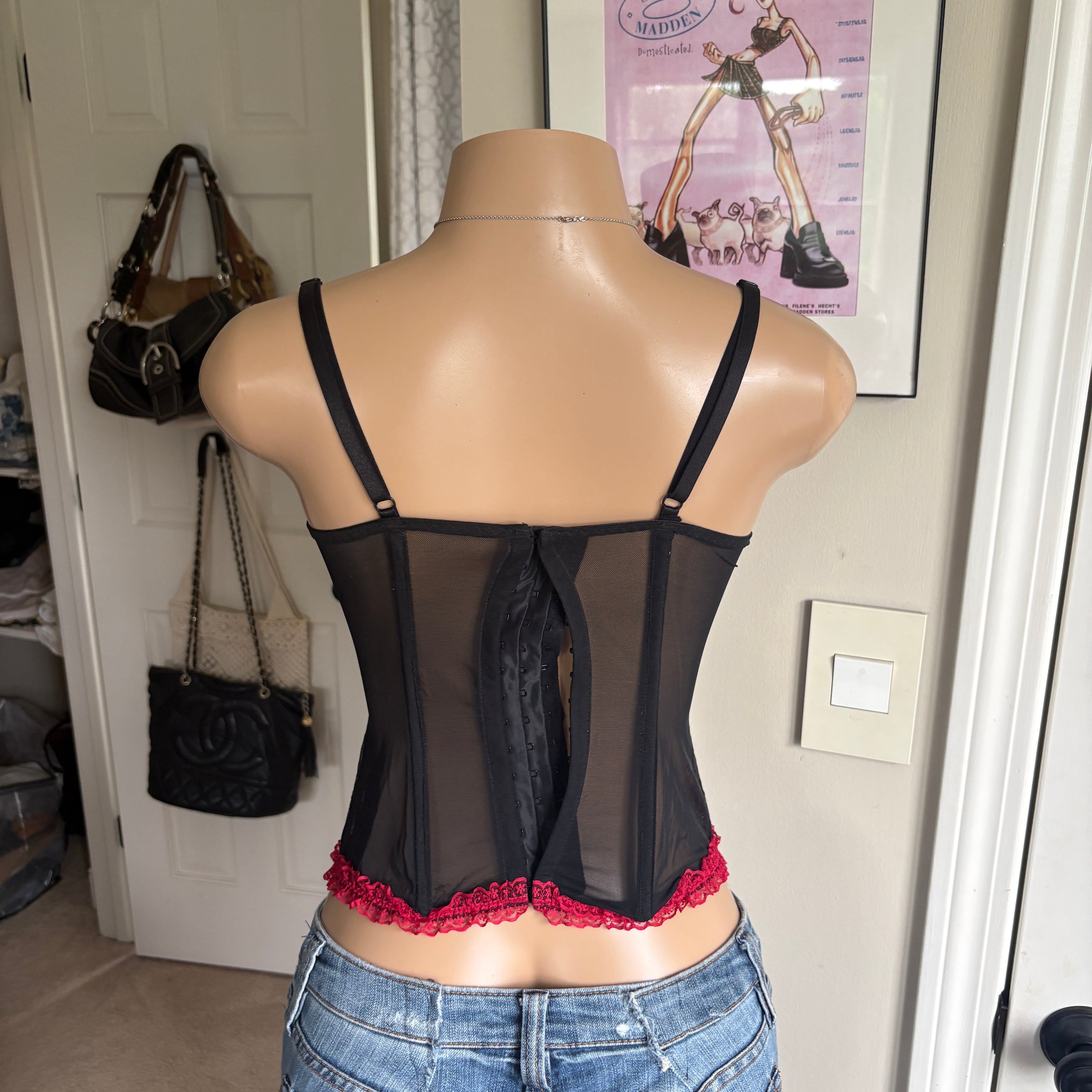 00s red & black mesh corset top (size L)